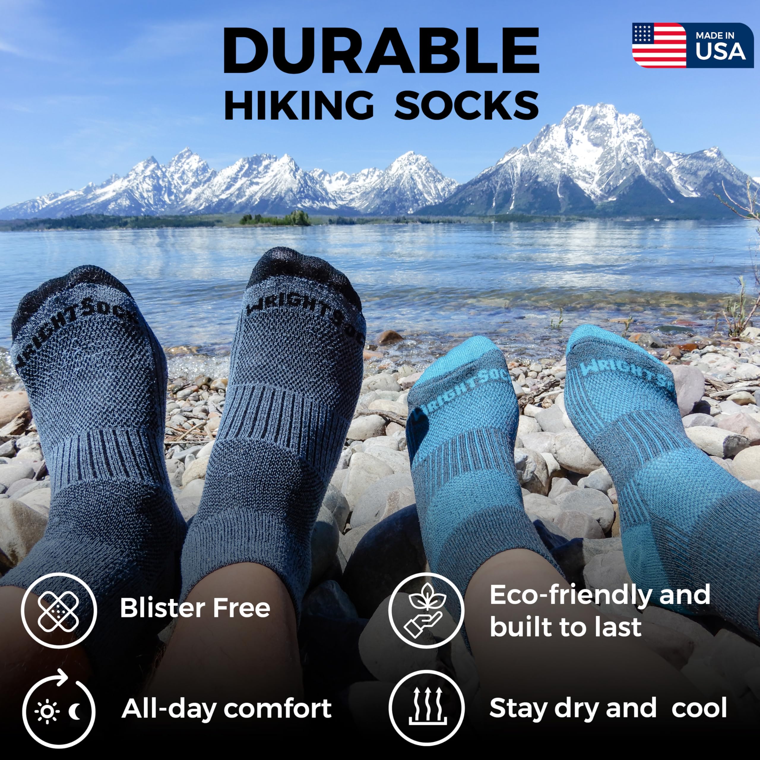 Wrightsock Escape Crew Chaussettes de randonnée pour homme et femme – Chaussettes rembourrées, respectueuses de l'environnement, anti-ampoules – Fabriquées aux États-Unis, Bleu serenity, Large