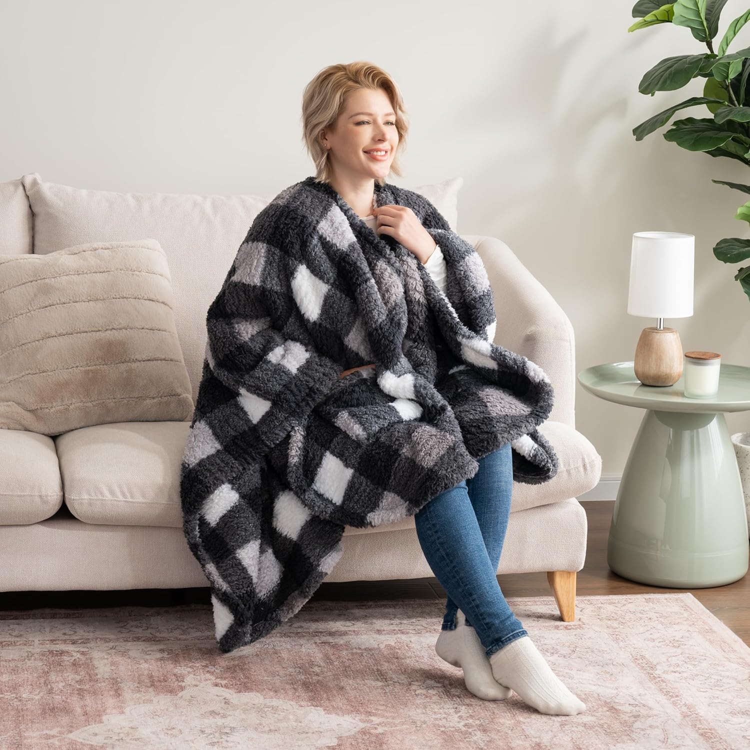 Berkshire Blanket Double Sided Sherpa Wearable Blanket,Warm Cozy Shawl with Pockets Plush Cape Wrap - Image 3