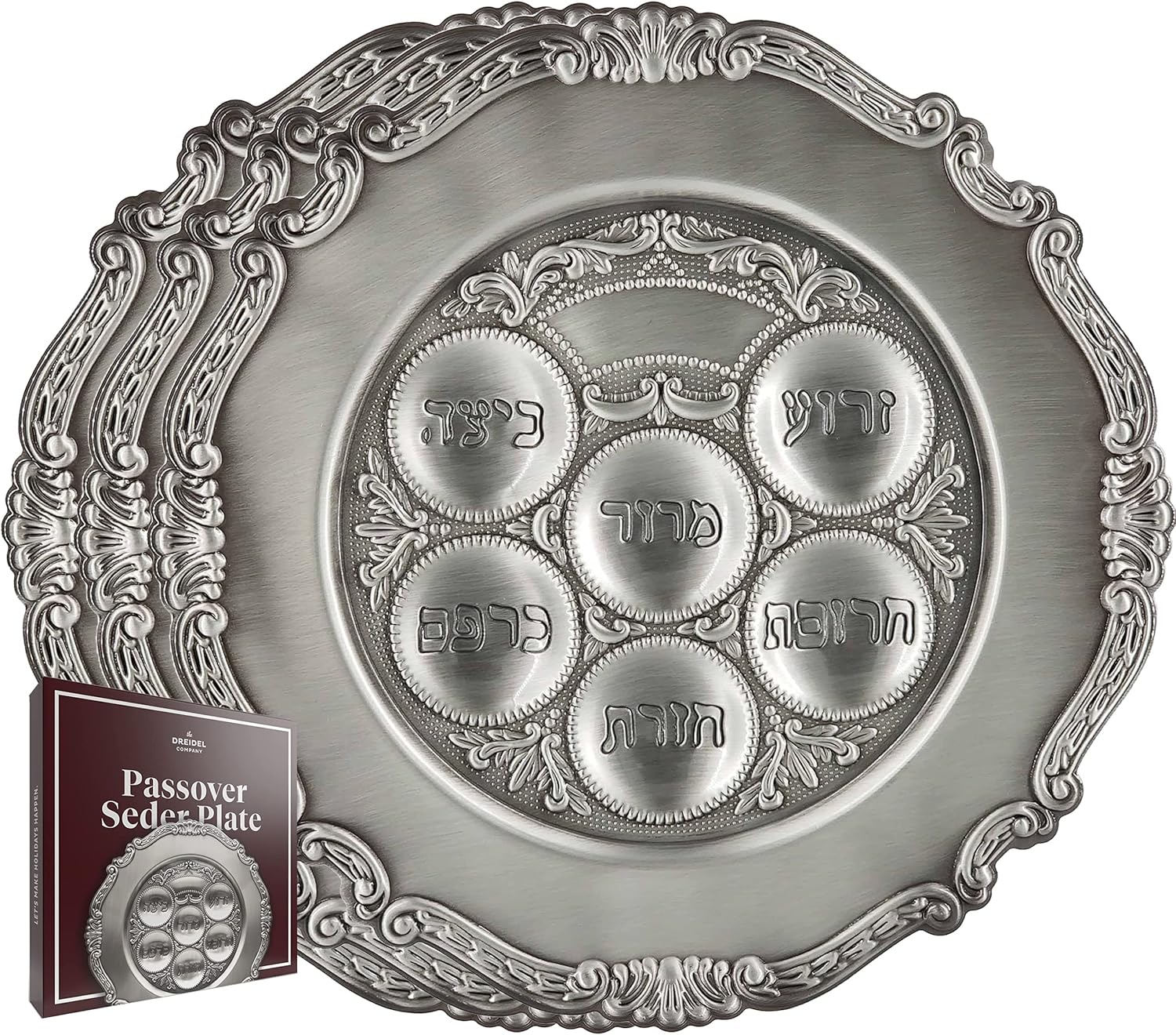 The Dreidel Company 3-Pack Traditional Pewter Passover Seder Plate 12", Traditional Judaica Passover Seder Plate, Kaarah For Pesach