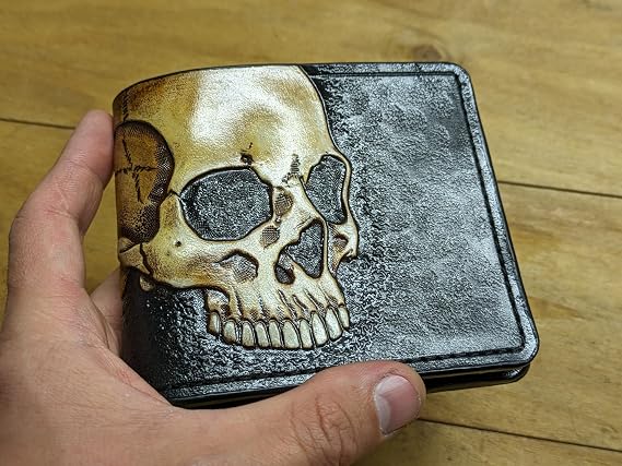 Theodoros Gothic Skull Leather Wallet for Men Dark Fantasy Skeleton Design RFID Genuine Leather Bifold Biker Wallet, Embossed, Carved, Tooled & Painted Wallet, Custom Personalized Gift