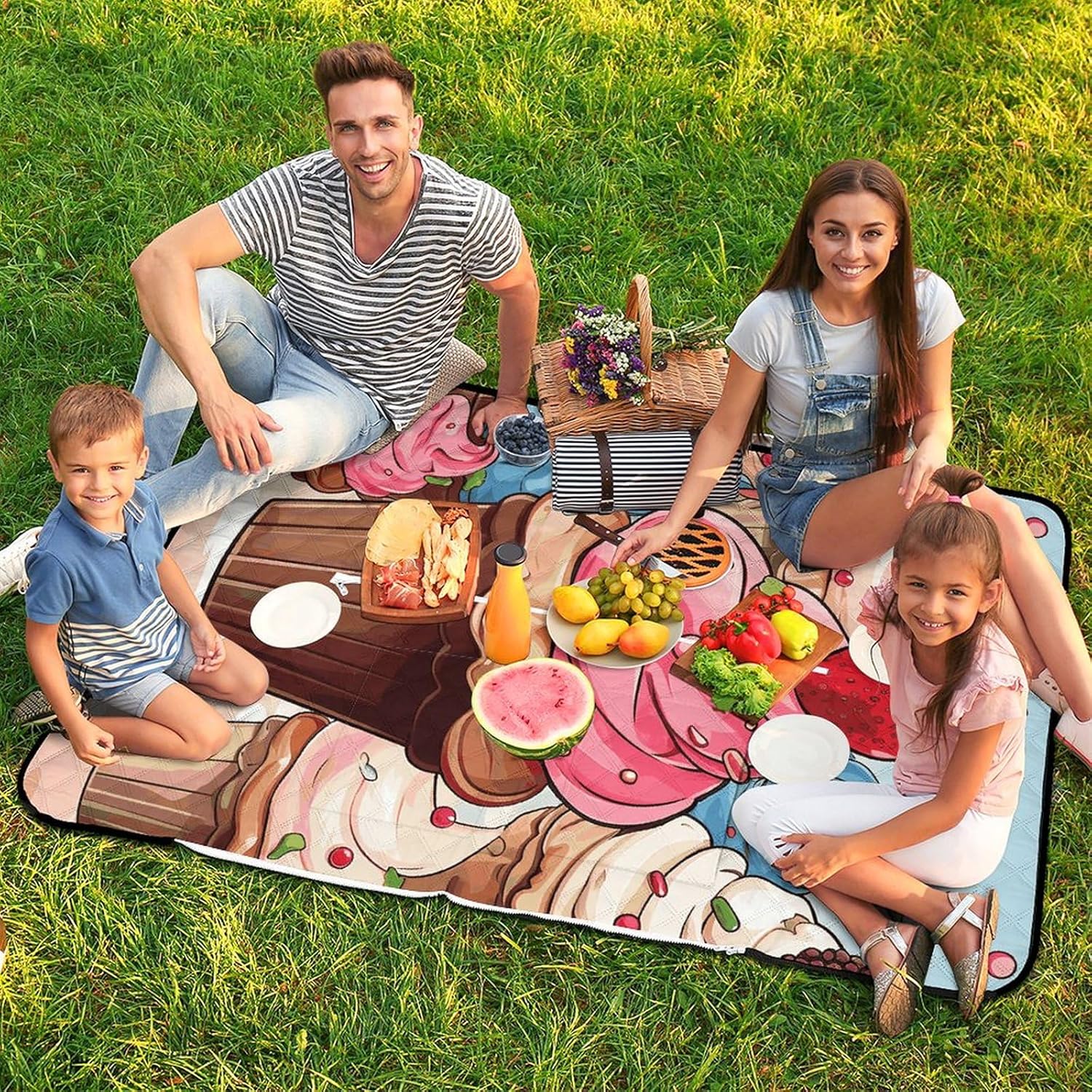 Cupcakes and Ice Cream Picnic Blanket Zipper Style Waterproof Foldable Outdoor,Picnic Mat Foldable As A Shopping Bag for Ladies, Portable Outdoor Blanket for Camping