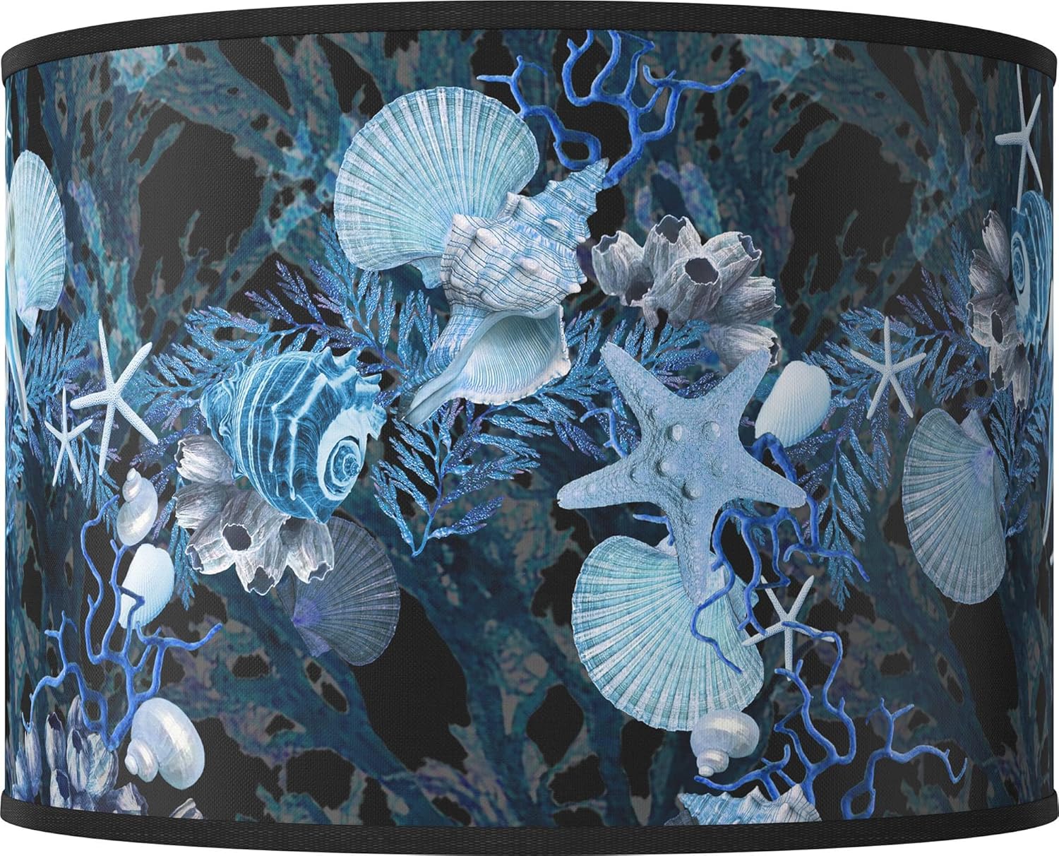 Blue Seas 15 1/2" Top x 15 1/2" Bottom x 11" High Hand Crafted Print Lamp Shade (Pre-Assembled) Replacement Large Black Blue Drum Round Coastal Modern Pattern Spider Harp Finial - Giclee Glow
