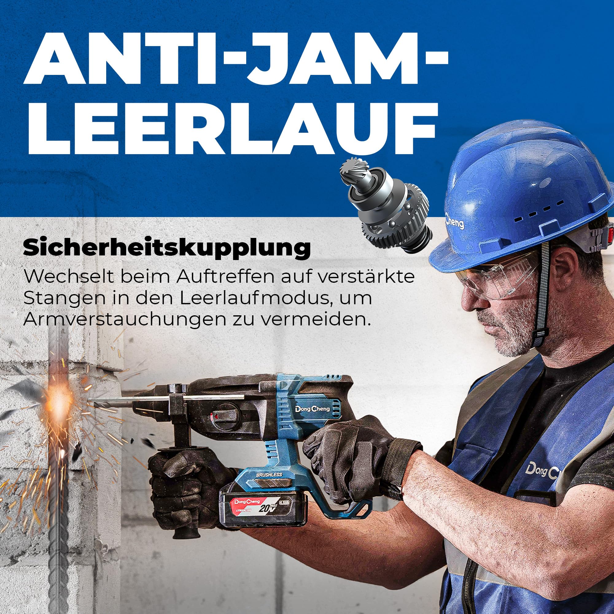 DongCheng Akku Bohrhammer 20V, Schlagenergie 2.8 J, mit 4 Stück SDS-plus, Bohren bis 28 mm, Bürstenloser Bohrhammer Motor, Anti-Vibrationsgriff, inkl. 4Ah Akku und 2A Ladegerät im Handwerkerkoffer