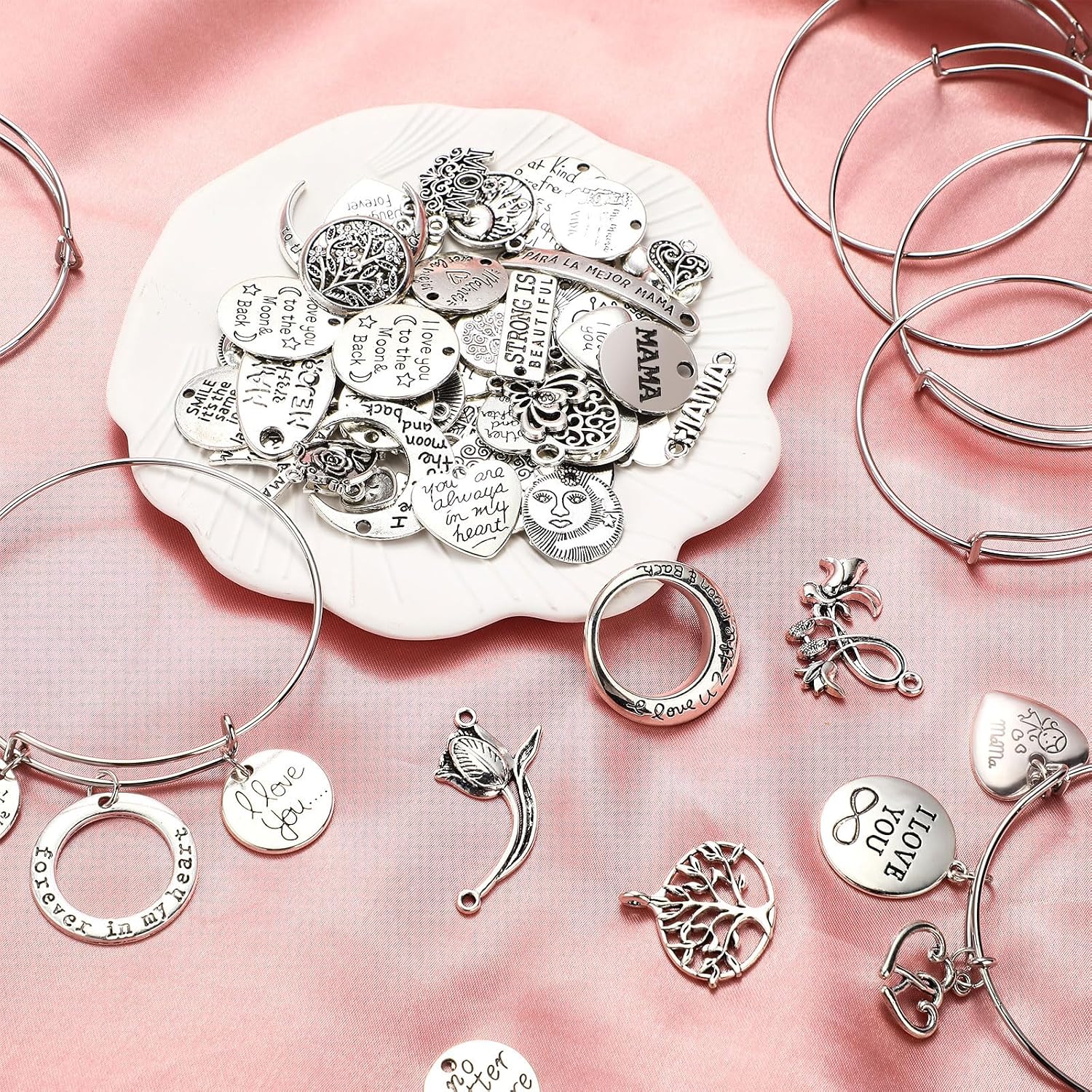 294 Pcs Family Mom Words Bracelet Making Kit, 30 Pcs Expandable Bangle Adjustable Wire Bracelets 64 Pcs Love Heart Moon Shaped Mother's Day Charm Pendant 200 Pcs Jump Ring for DIY Craft Jewelry Making