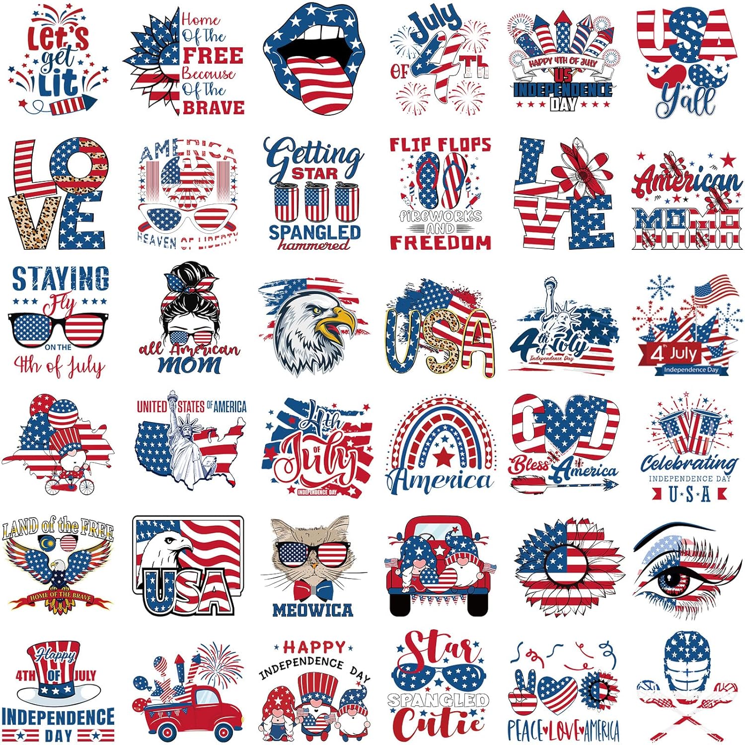 Glenmal 36 Pcs Patriotic Iron on Transfers 4th of July Iron on Decals Patches Independent Day Western Heat Transfers Vinyl Decals for Clothes Bag Covers DIY Decorations
