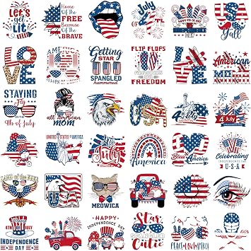 Glenmal 36 Pcs Patriotic Iron on Transfers 4th of July Iron on Decals Patches Independent Day Western Heat Transfers Vinyl Decals for Clothes Bag Covers DIY Decorations
