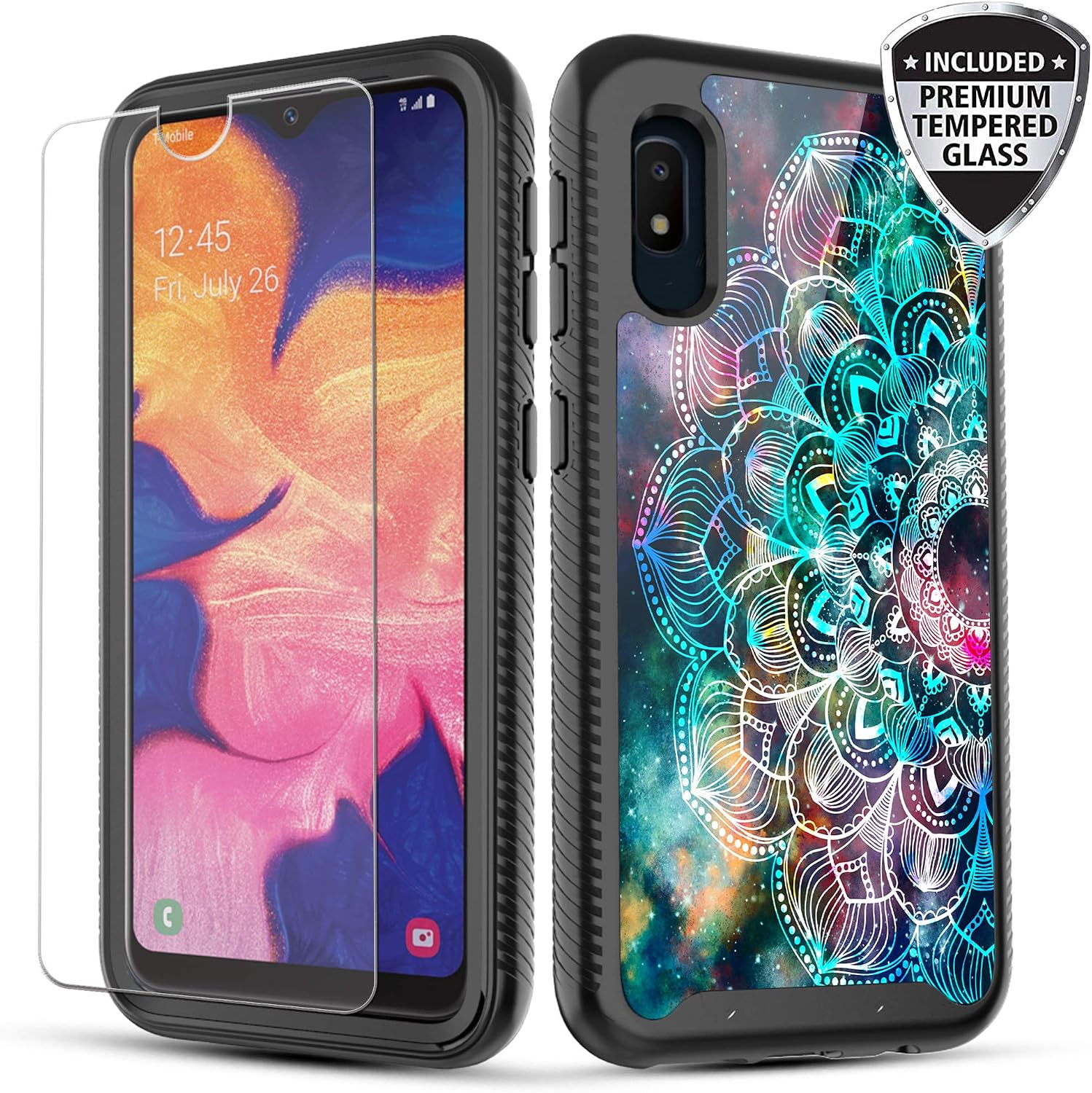 Townshop Galaxy A10E Case, Dual Layer Shockproof Hybrid Case with [Tempered Glass Screen Protector] for Samsung Galaxy A10E - Mandala in Galaxy