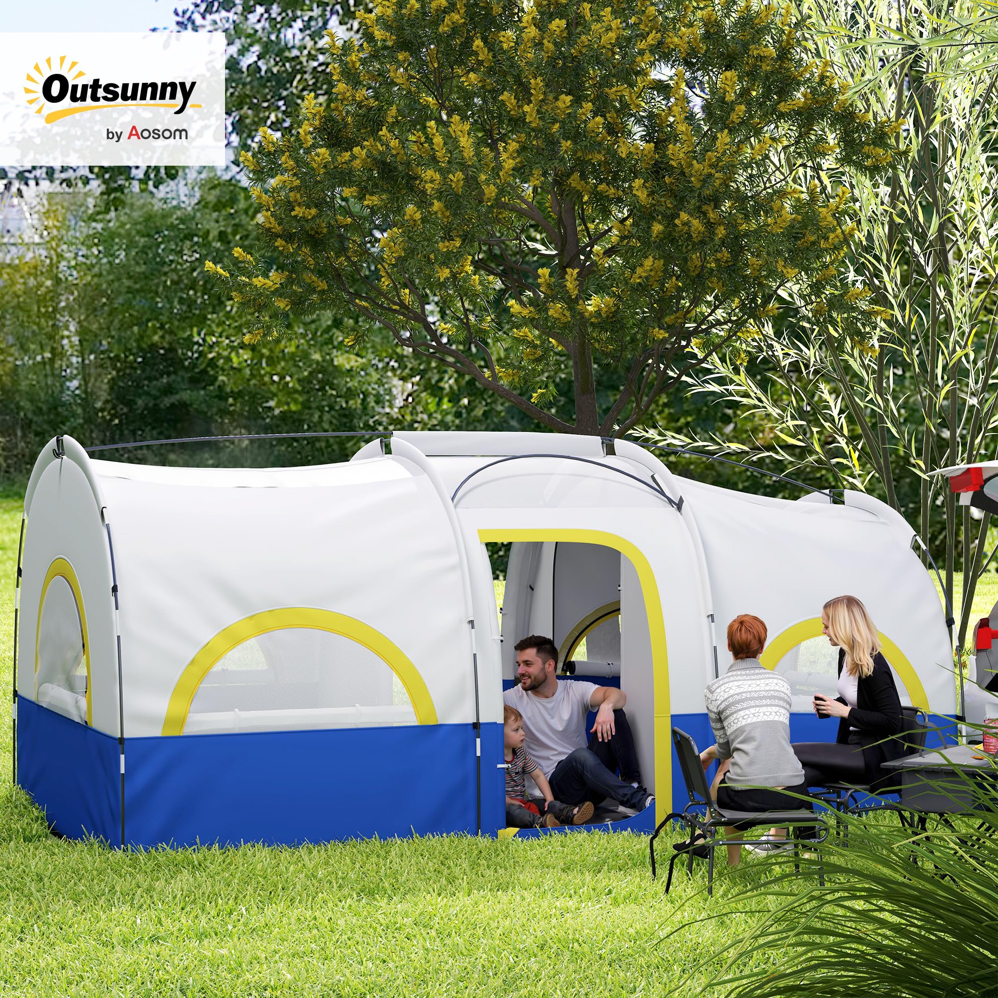 Outsunny Tunnelzelt, Campingzelt für 4 Personen mit 3 Raum, UV Schutz, Meshfenster, Winddichte Familienzelt mit Tragetasche, 3000mm Wasserabweisend groß Gruppenzelt für Garten, Camping, Blau