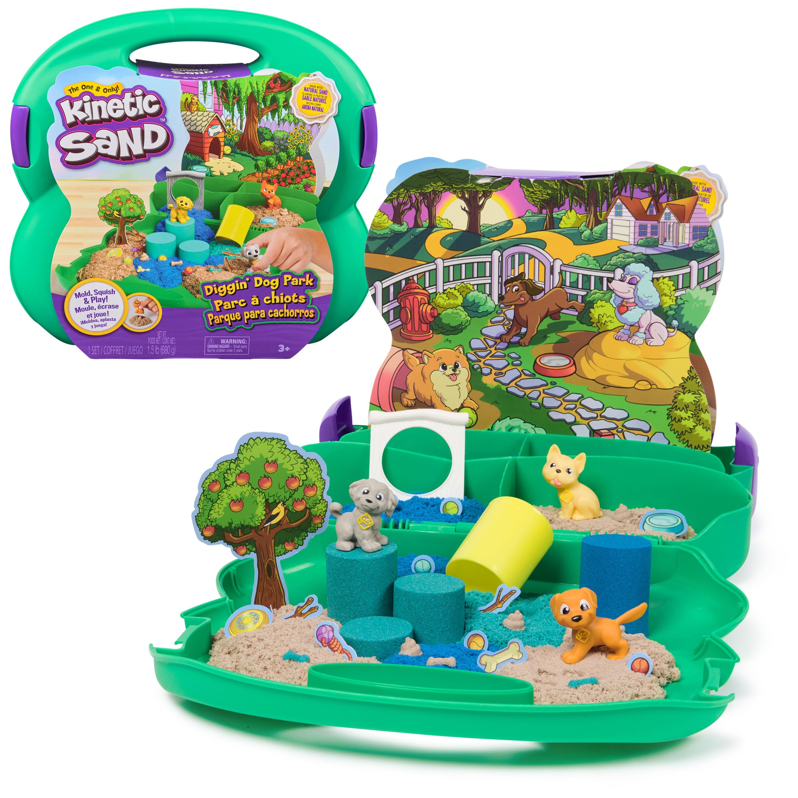 Kinetic Sand Walizka dla psów Park – 680 g piasku, 3 psy, 2 narzędzia do piasku i akcesoria, od 3 lat