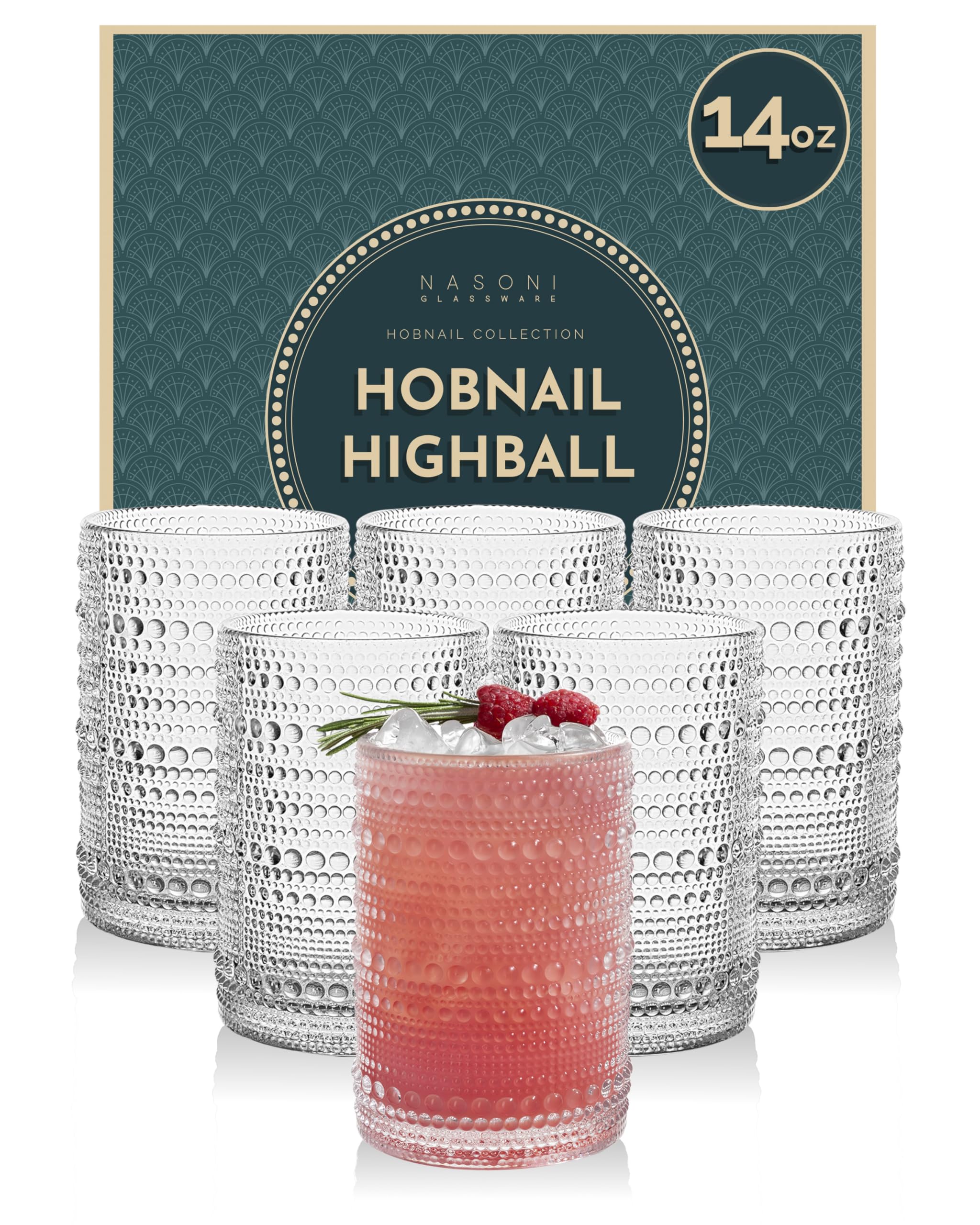 14 oz Hobnail Highball Glasses Set of 6 (Clear) - Embossed Beaded Glass Tumbler Vintage XL Drinkware Double Old Fashioned Cups for Beverages, Cocktails, Margaritas, Juice, Water