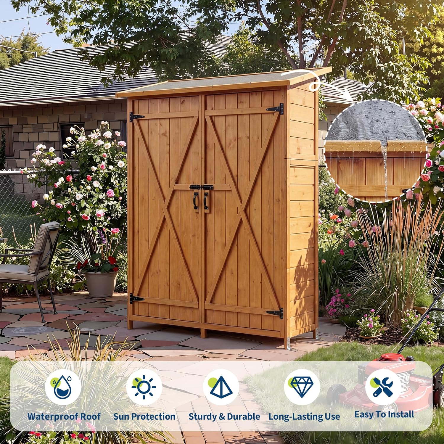 Garvee Outdoor Storage Cabinet highlighting waterproof roof and sun protection features