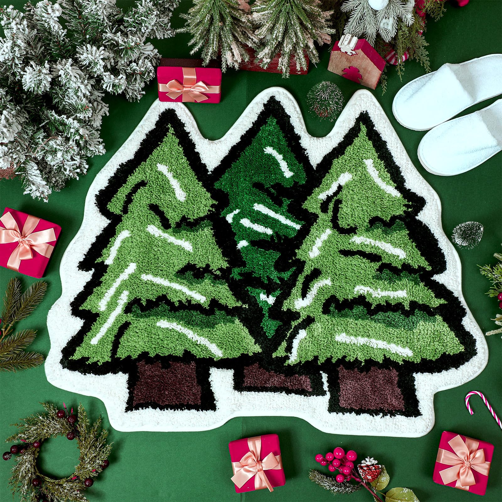 Tinideya Winter Bathroom Mat 32 x 24 Inches Green Pine Tree Rugs for Bathroom Living Room Extra Soft Absorbent Washable Non Slip Shower Mat for Home