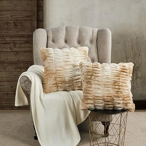 Miniatura 3 de BYTIDE Juego de 2 fundas de almohada cuadradas de piel sintética fruncida con respaldo de microvisón, funda de cojín suave de felpa de lujo para