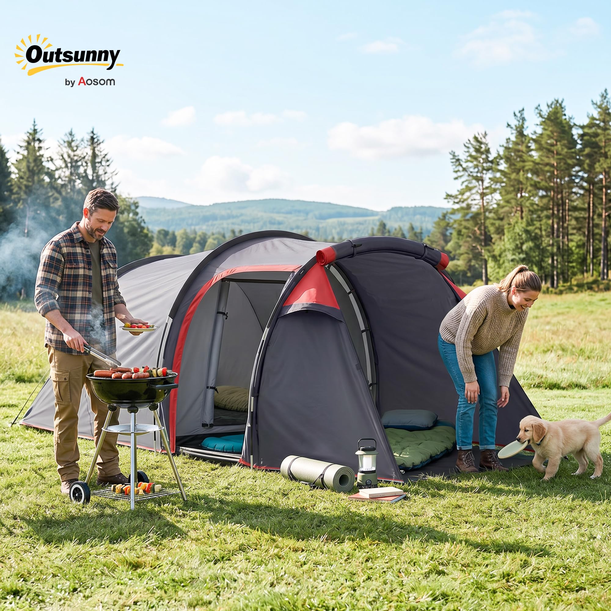 Outsunny Tente de Camping familiale 2 Personnes Tente Tunnel ventilée Facile à Monter Chambre Salon 3 Portes fenêtres 4,26 x 2,06 x 1,54 m Fibre Verre Polyester PE