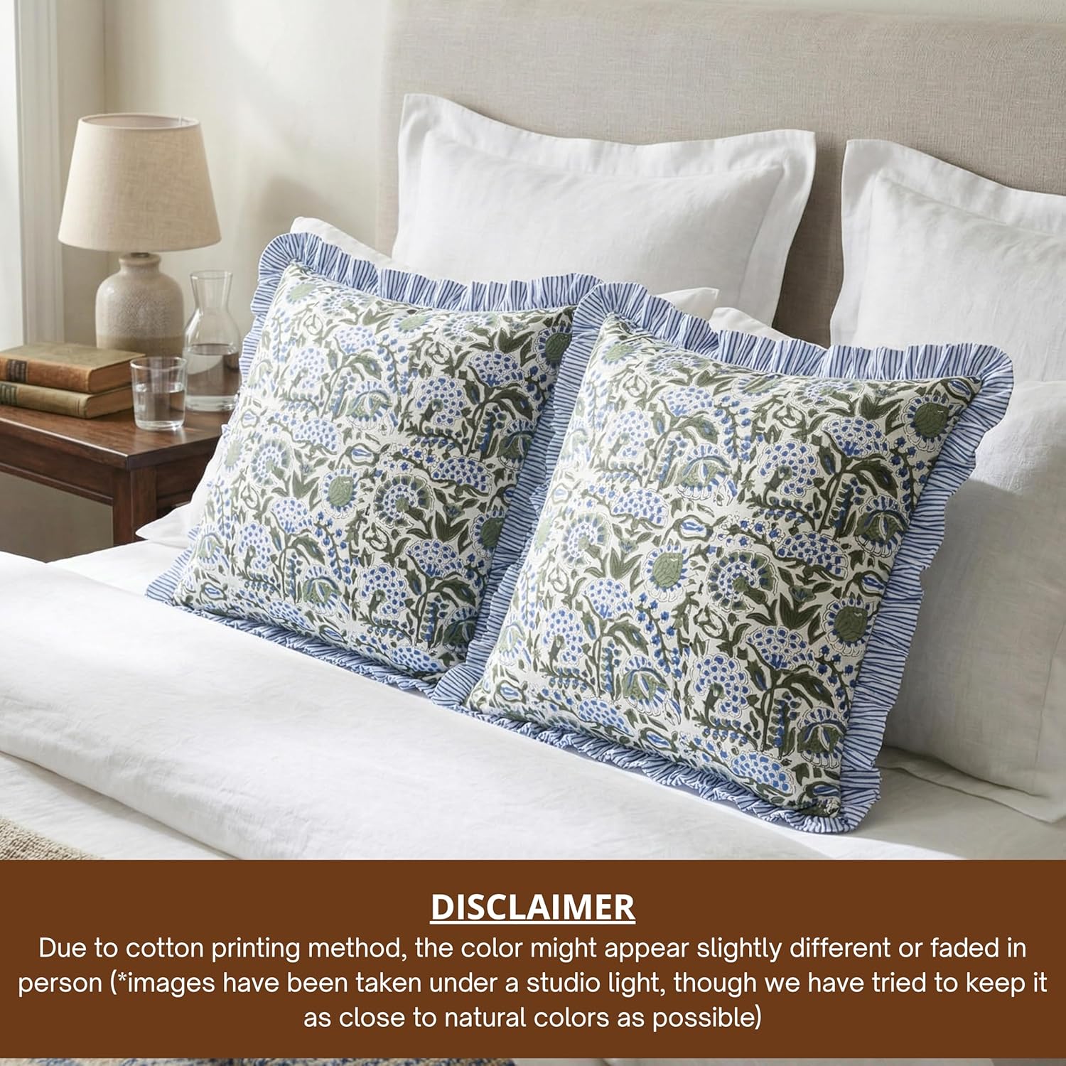 ATOSII Hand Block Printed 100% Cotton Ruffle Throw Pillow Covers, SET OF 2, Decorative Cushion Covers for Sofa, Couch, Bed, Living Room, Bedroom Home Decor for Spring Summer, 20 X 20 Inch, Clover Blue