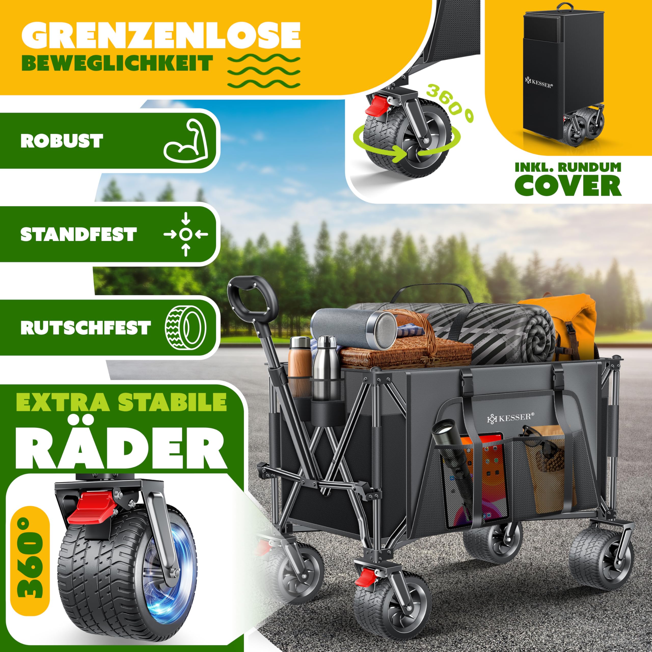 TIMBER RIDGE XXL Bolderkar, opvouwbaar, 200 liter, brede banden, handwagen, inklapbaar met remmen, zijzak, bekerhouder, verstelbare handgreep, strandwagen voor alle terreinen, kamperen, winkelen, 100
