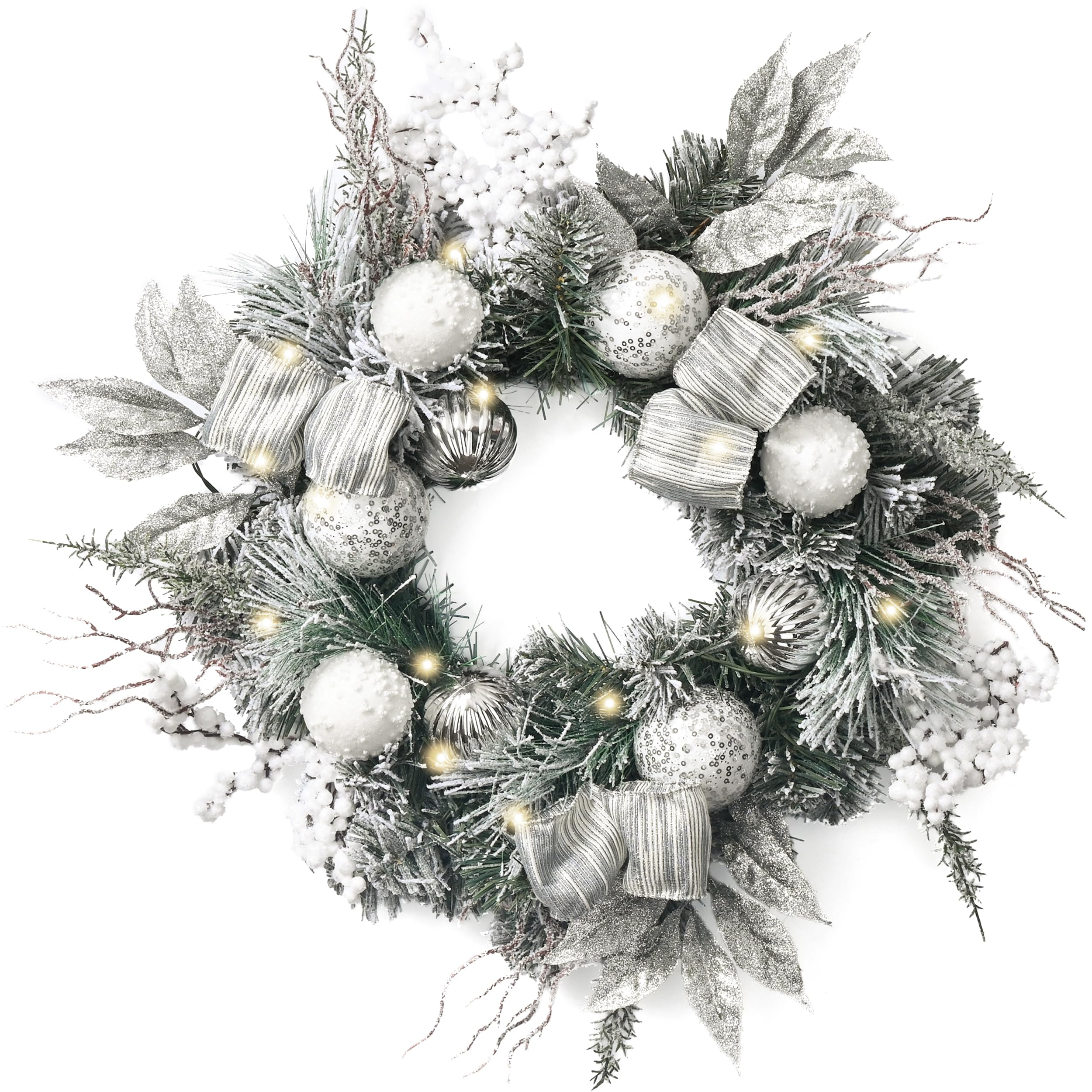 Couronne de Noël Lumineuse Artificielle 52 cm avec 15 Lumières LED Blanche pour Porte d'Entrée