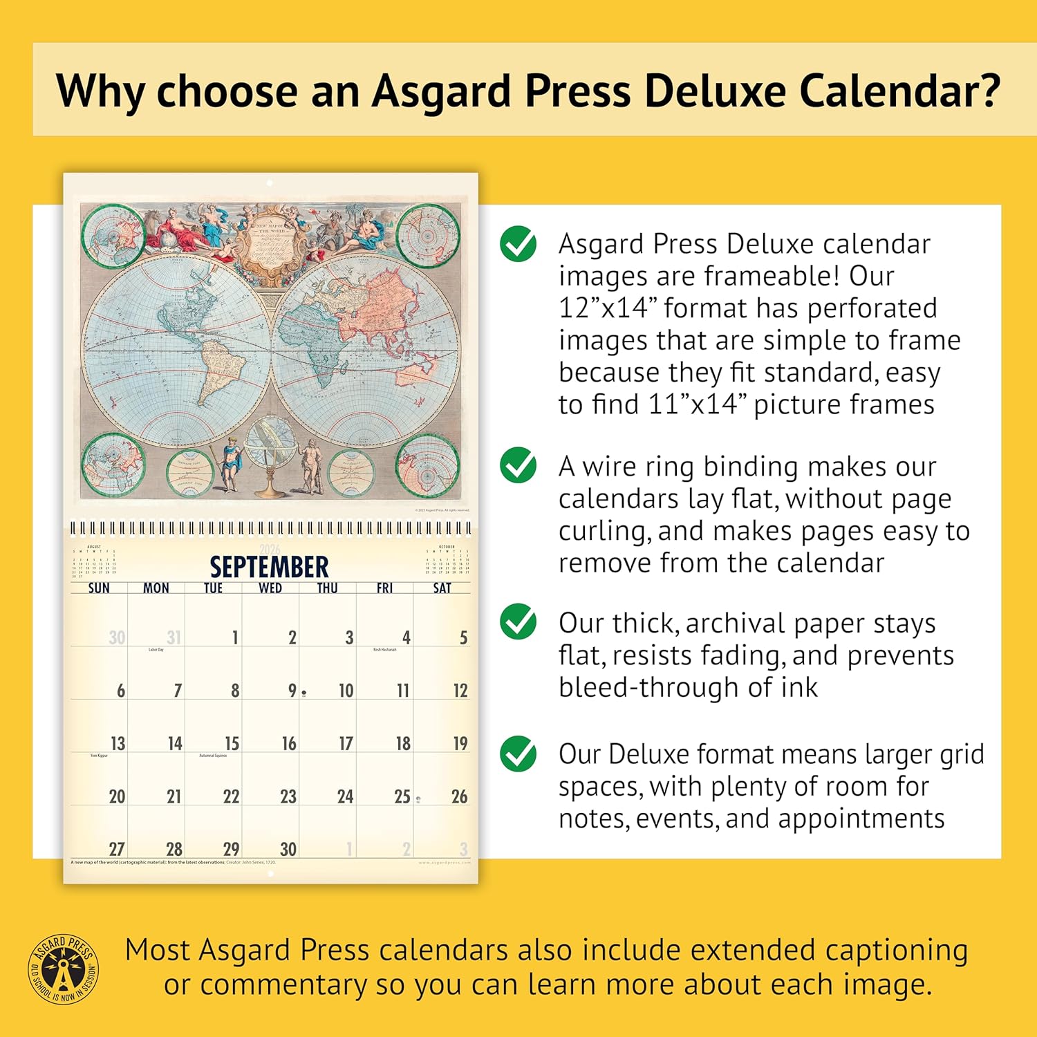 Asgard Press 2026 Vintage Maps Deluxe Wall Calendar, 16 Months, Frame-Ready Prints of Antique Maps with Captions, 14”x24” (Size When Open)