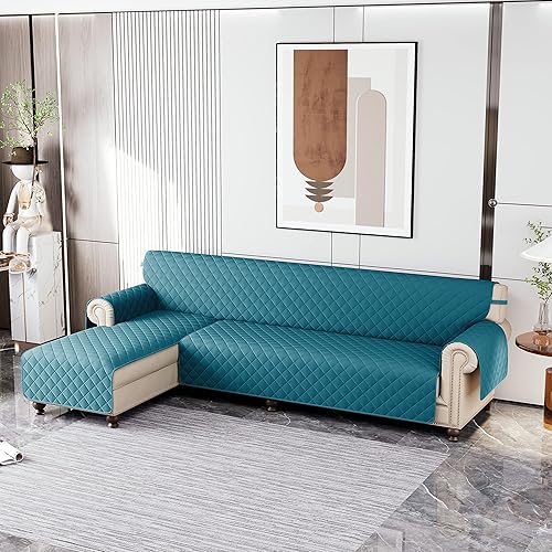 Miniatura 2 de Funda de sofá modular, 1 pieza, reversible, impermeable, en forma de L, protector de muebles para niños, perros y gatos con correas elásticas (azul