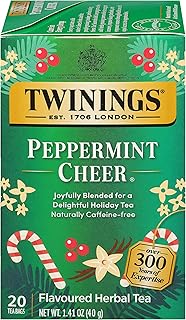 Twinings Peppermint Cheer Herbal Tea Individually Wrapped Bags, 20 Count (Pack of 1), Peppermint & Vanilla, Naturally Caffeine-Free, Enjoy Hot or Iced, 20 Teabags