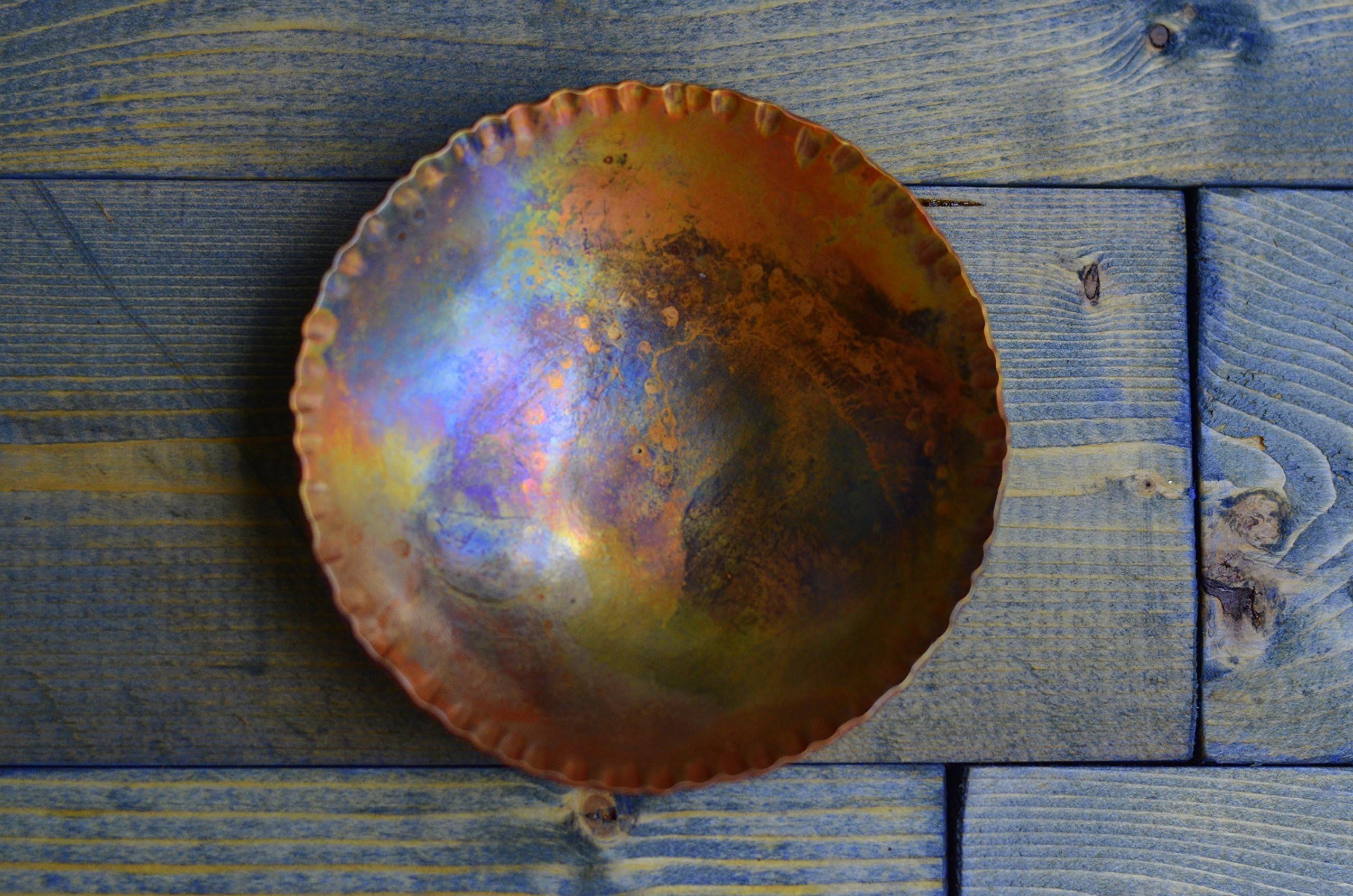 Copper Dish Hammered Copper Bowl Copper Vessel Copper Anniversary Gift Copper Plate Gifts for Men * Round Copper Bowl with Marbled Texture, Rainbow Patina, and Decorative Edge