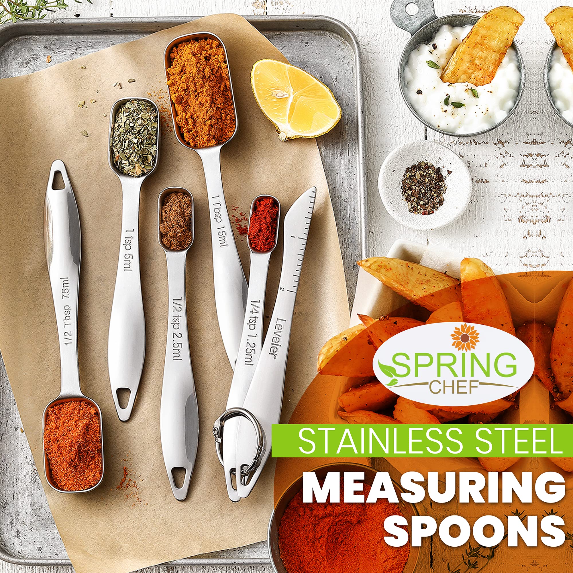 Spring Chef Cucharas medidoras de metal de acero inoxidable resistentes para seco o líquido, cabe en frascos de especias, juego de 6 unidades, incluye nivelador
