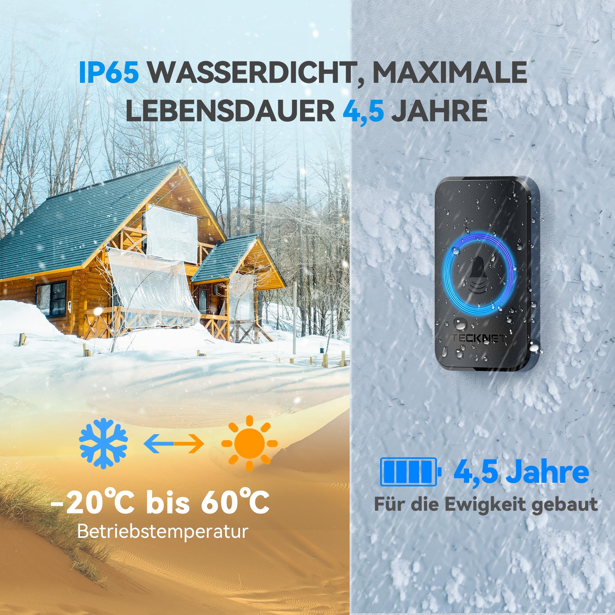 TECKNET Funkklingel, IP65 Funk klingel Set Aussen Wasserdicht, Kabellose Türklingel 600m Reichweite, Haustür Klingel 2 Sender 4 Plug-In-Empfänger, 60 Melodien Doorbell und Klingelknopf Mit LED-Blitz