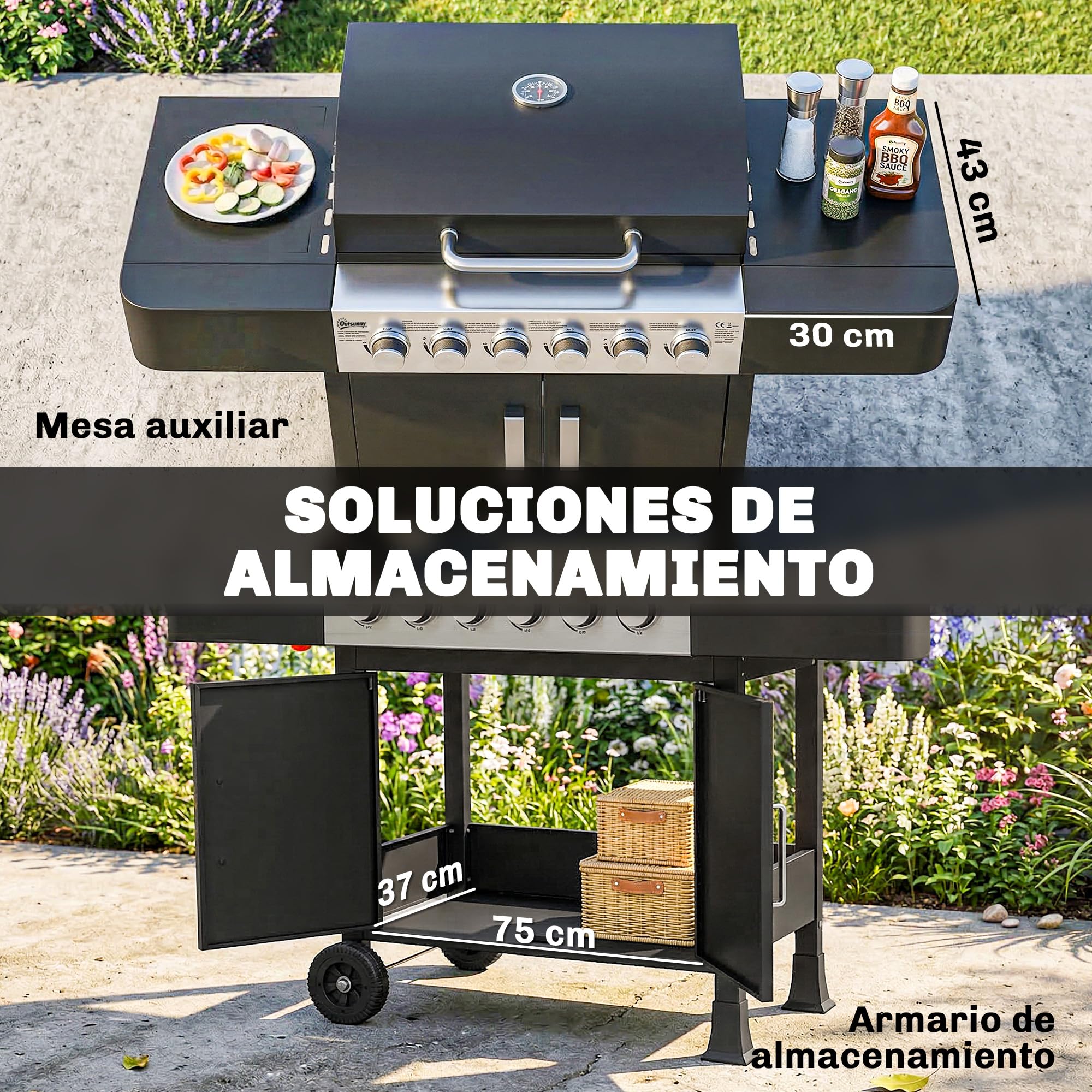 Outsunny Barbacoa de Gas BBQ Gas con 6 Quemadores 15 kW Barbacoa Portátil con Termómetro Tapa 2 Mesas Laterales Armario Rejilla Calentadora Parrilla Recogedor Grasa Asa 2 Ruedas Negro