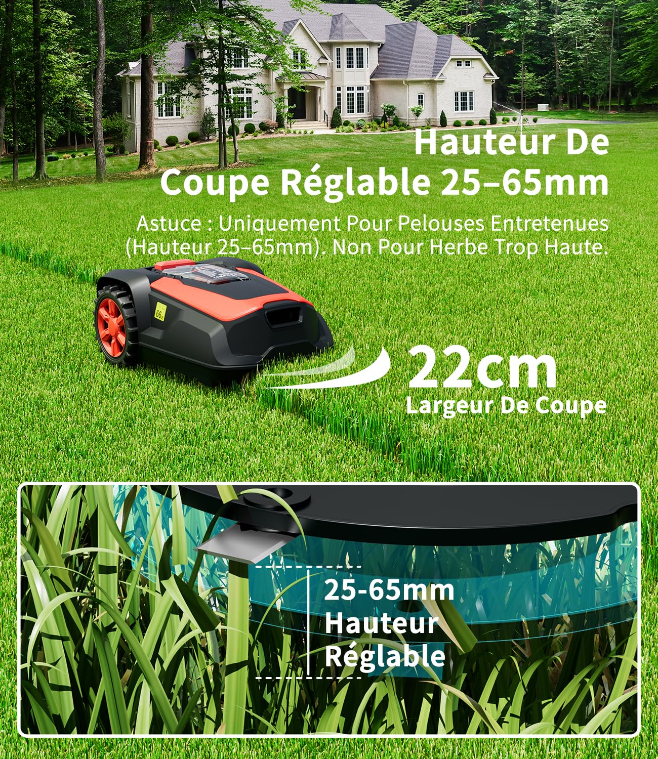 M1 Robot Tondeuse avec Câble Périphérique Jusqu’à 1400 m², Tondeuse Robot Automatique, Hauteur de Coupe 25–65 mm, Pente Jusqu’à 47%, Largeur de Coupe 22 cm, Contrôle Via App et Bluetooth