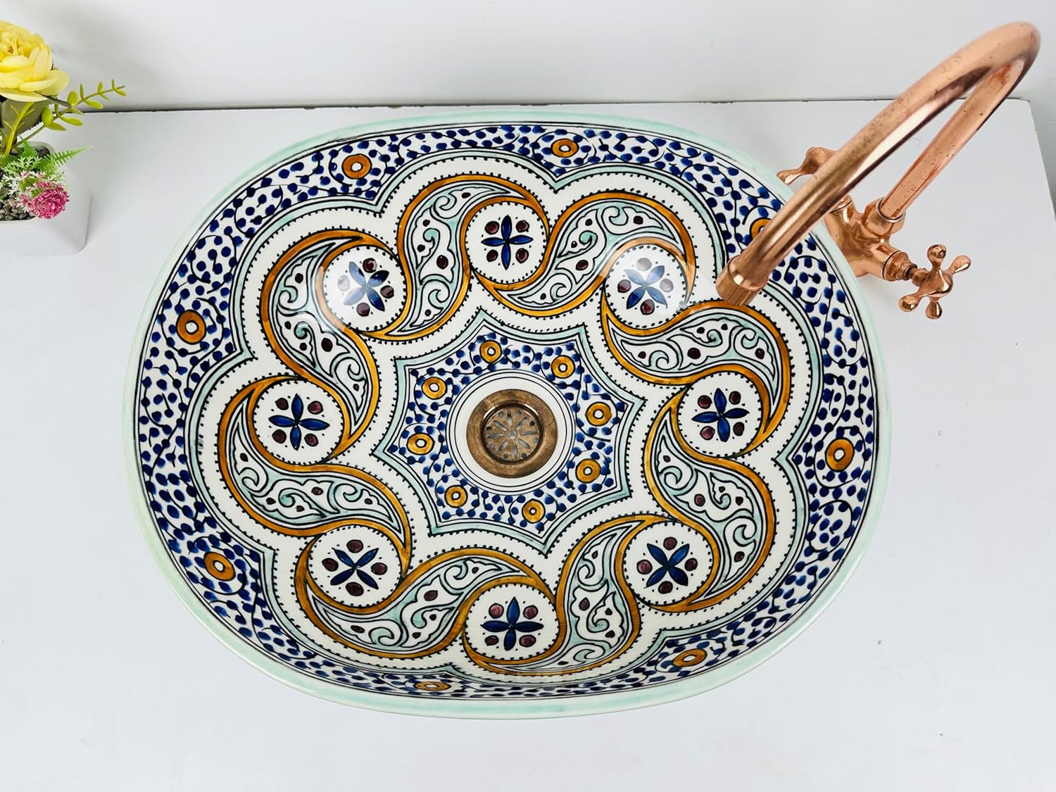 Moroccan Style Ceramic Vessel Sink – Bohemian Blue & Yellow Patterned Countertop Basin – Round Porcelain Art Wash Bowl for Bathroom Vanity (40x30cm = 16x12in)