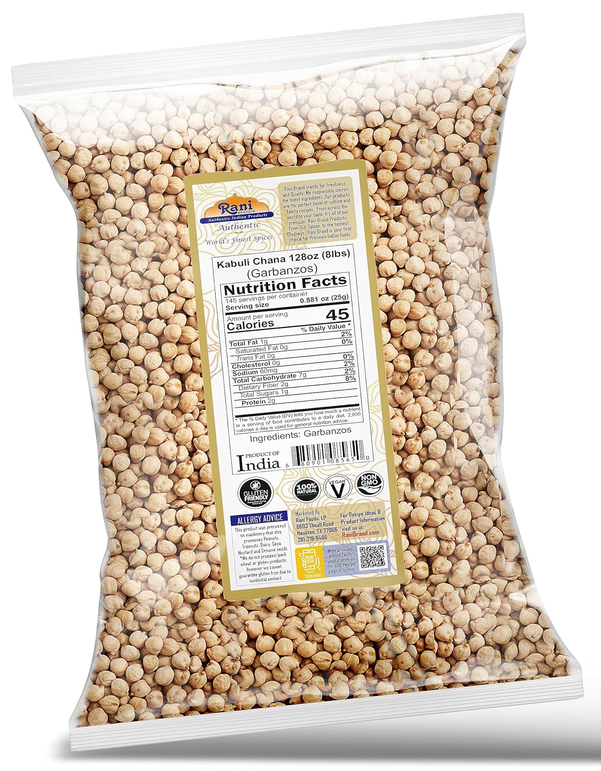 Rani Garbanzo Beans (Kabuli Chana) 128oz (8lbs) 3.63kg Bulk ~ All Natural | Vegan | Gluten Friendly | NON-GMO | Kosher | Indian Origin