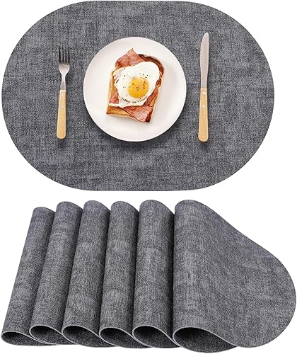 Miniatura 20 de Juego de 6 manteles individuales ovalados reversibles de piel sintética negra y roja, impermeables, resistentes al calor, antideslizantes, lavables,