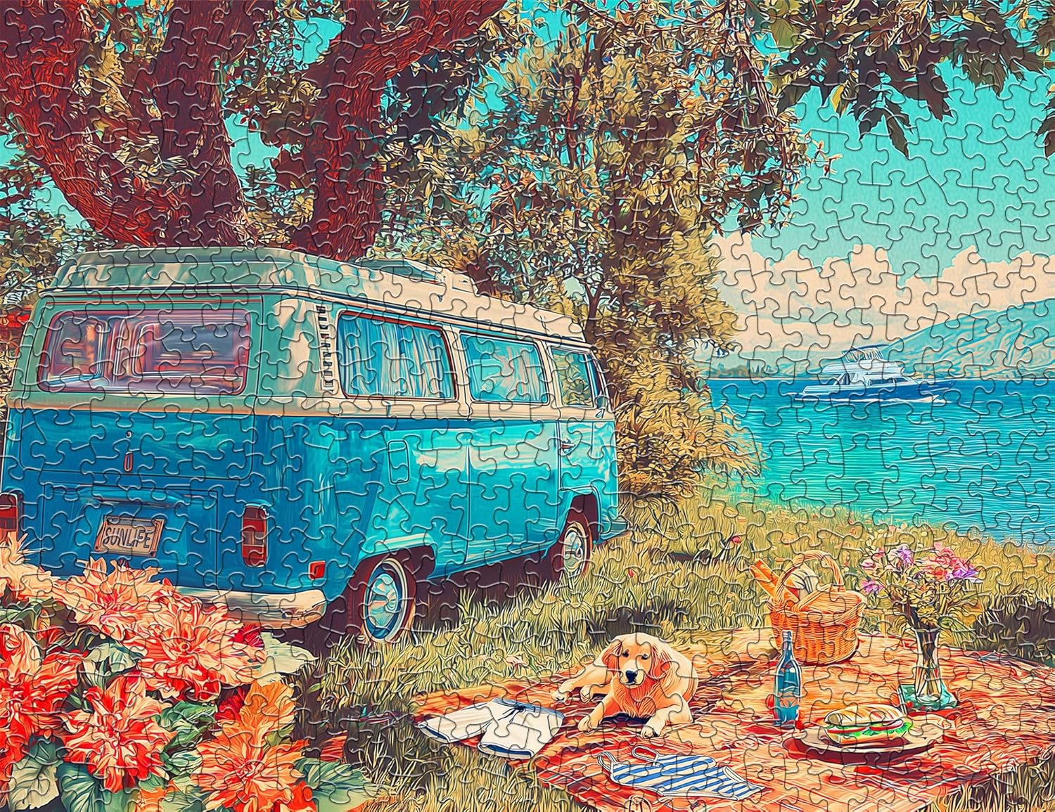 Springbok Lake Day Picnic 500 Piece Jigsaw Puzzle for Adults - Poster Now Included - Camping Puzzle - Unique Cut Pieces - Made in USA