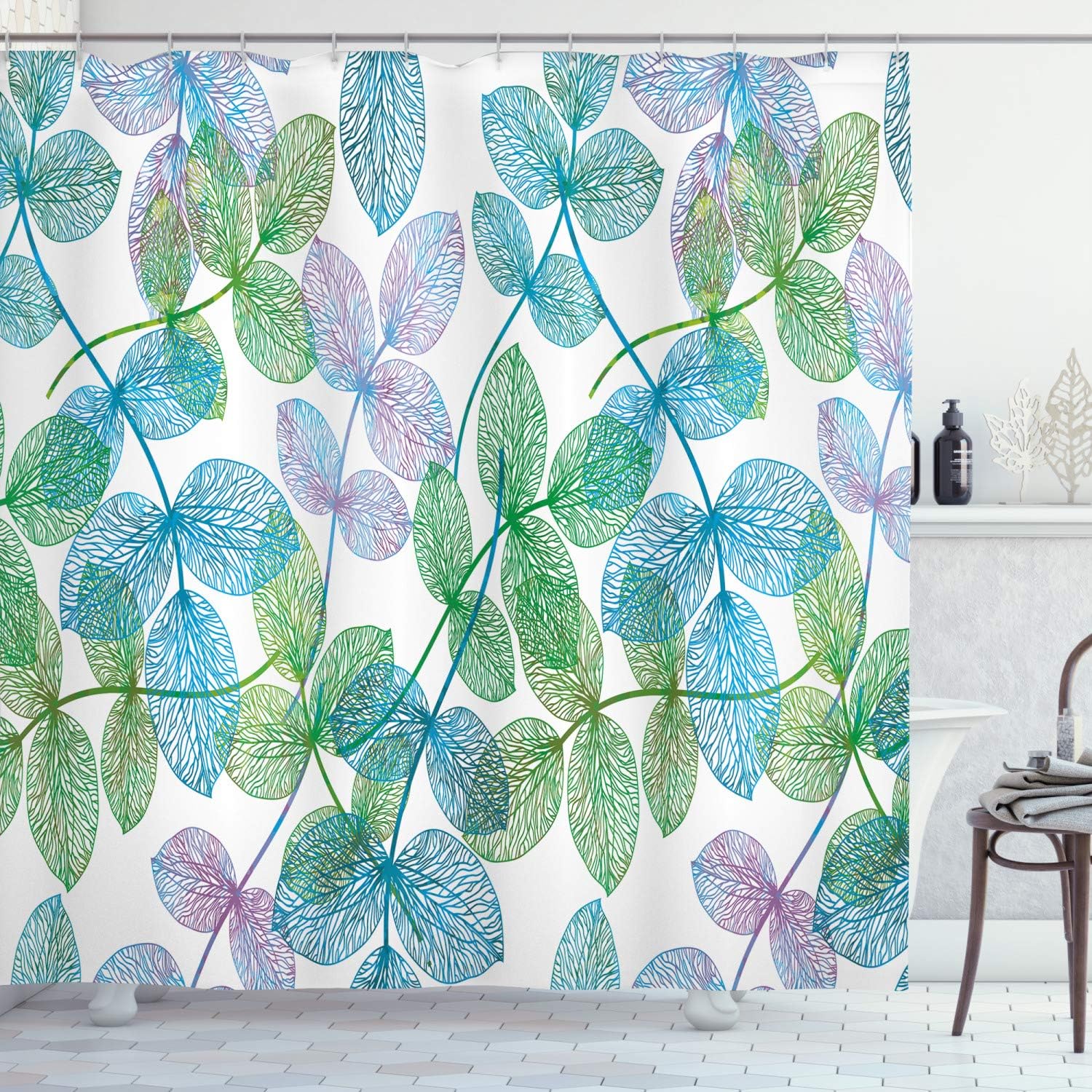 Ambesonne Floral Shower Curtain, Flowers Leaves Ivy Vein Like Rainbow Ombre Colored Art Print, Cloth Fabric Bathroom Decor Set with Hooks, 69" W x 84" L, Fern Green Pale Blue
