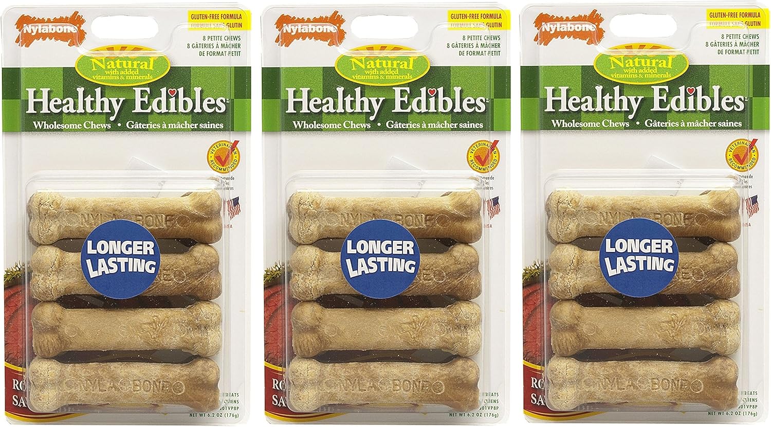 Nylabone (3 Pack) Healthy Edibles Dog Chew Treat Bones (Petite - Roast Beef - 8 ct. Per Pack)