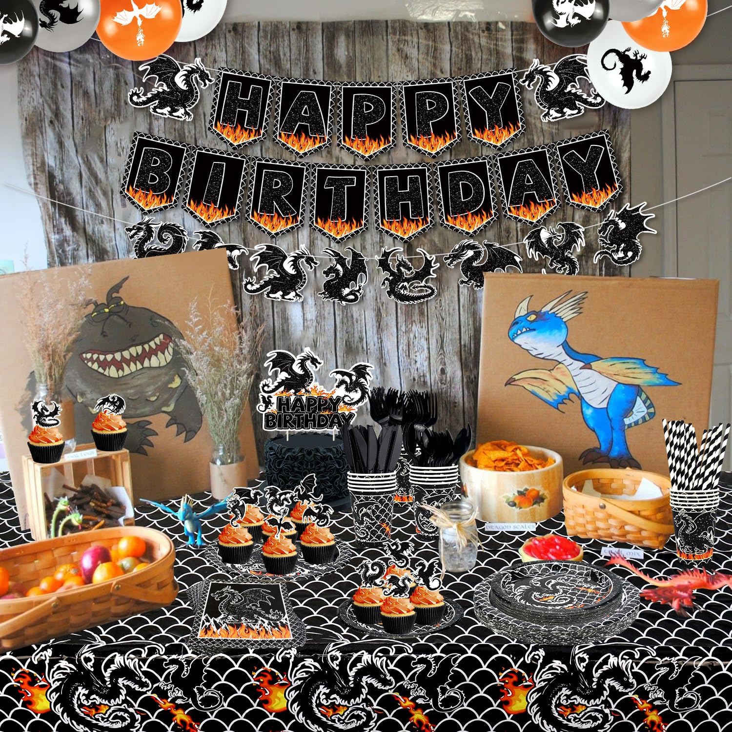 Dragon Birthday Party Decoration ,Including Happy Birthday Party Banner, Dinner Plates, Dessert Plates, Cups, Napkins, Tablecloth, Balloons, Straws, for Dragon Theme Party Supplies 20 Guest (A)