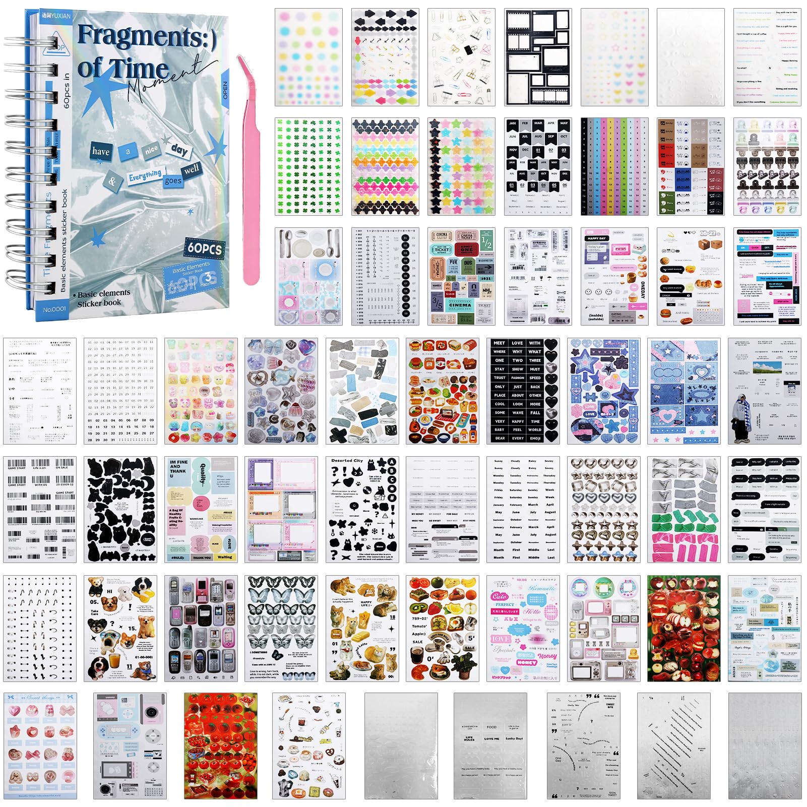 3500Pcs Korean Stickers for Kpop Photocards Decor Stickers Book Aesthetic Toploader Sticker Glitter Butterfly Sweetheart Ribbon Flower Alphabet Cute Scrapbook Sticker for DIY Card Art Crafts 60-Page