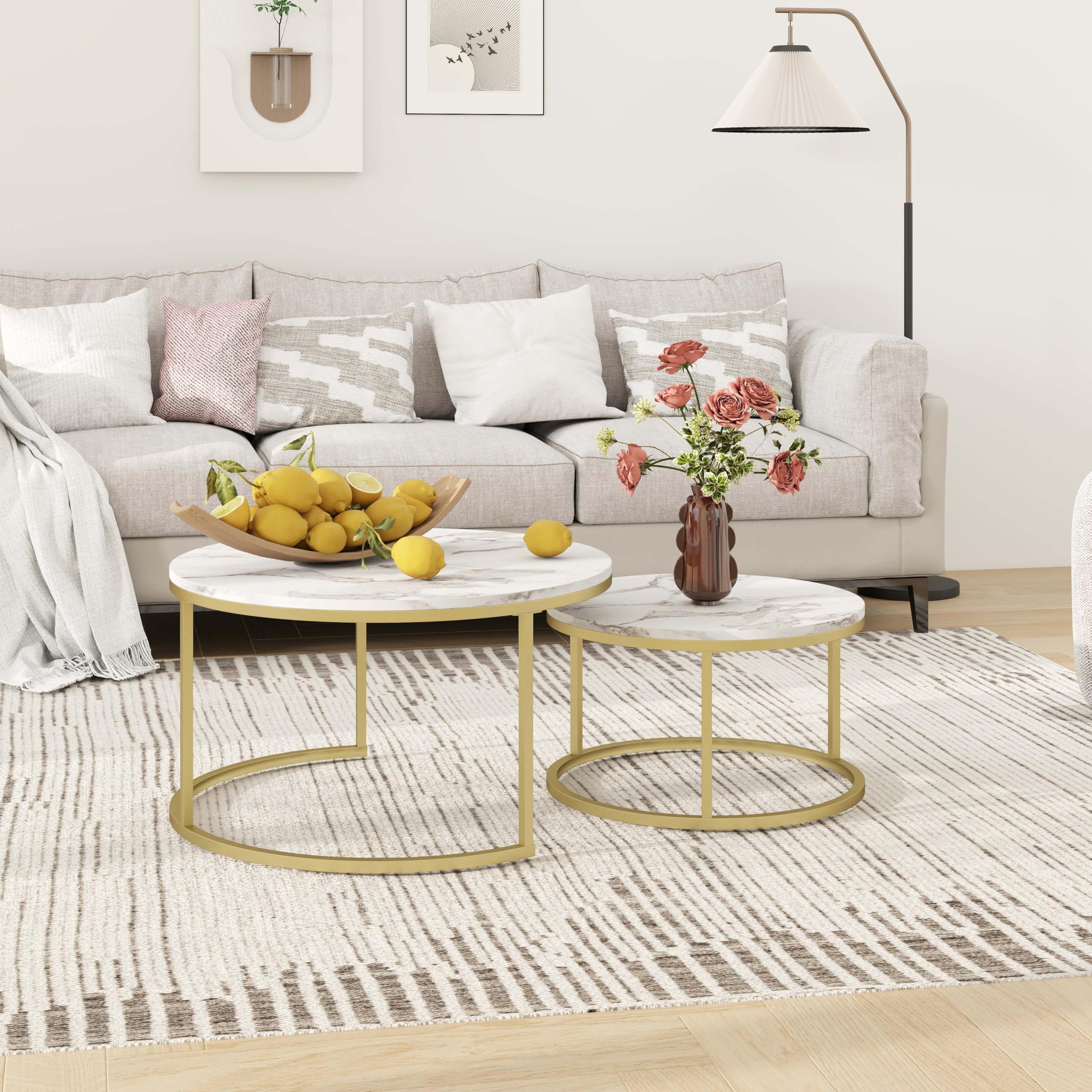 hitsuki Juego de 2 Mesas de Café de Mármol, 80 cm Mesa de Salón Moderna Blanca de Estructura de Metal, Mesas Nido de Salón Redondas Dorado y Blanca, 80D x 80W x 45H cm