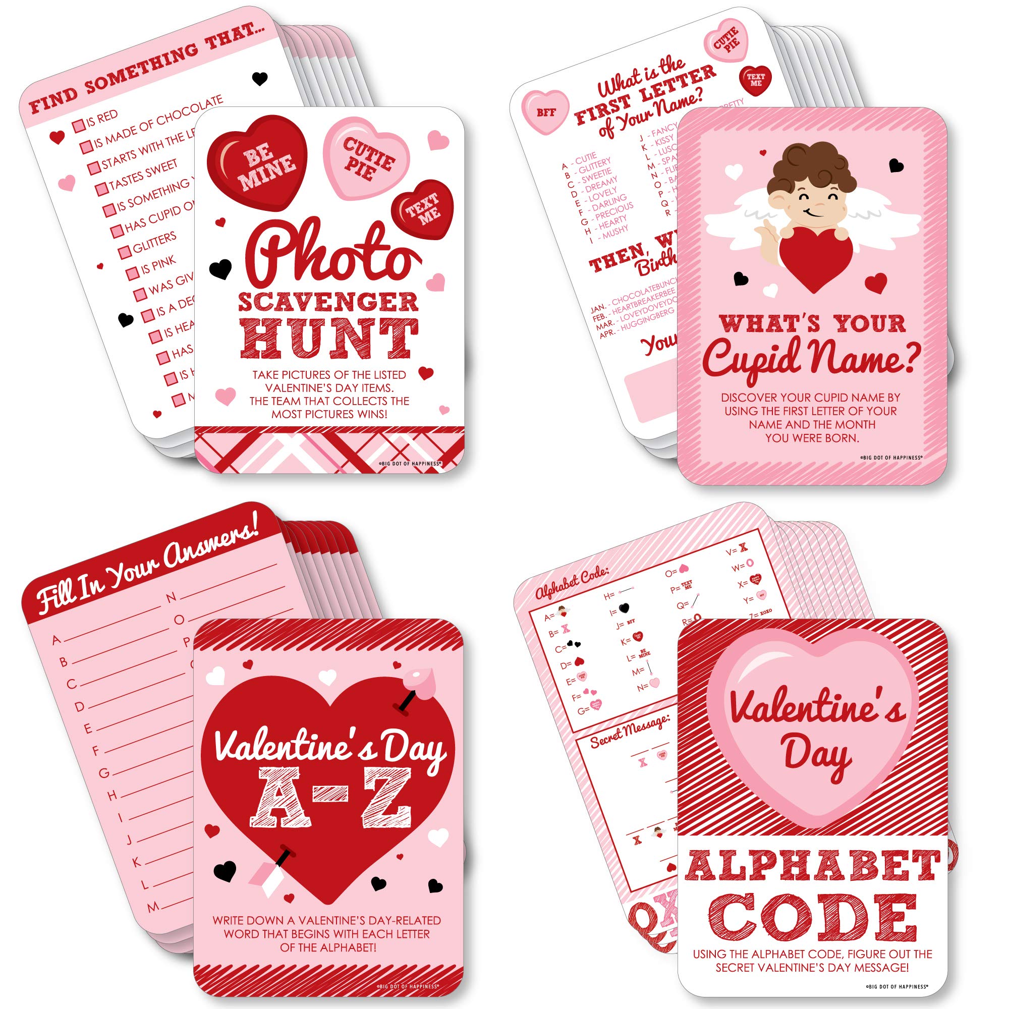 Big Dot of Happiness Conversation Hearts - 4 Valentine's Day Games - 10 Cards Each - Gamerific Bundle