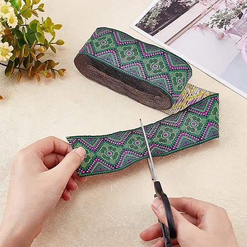 Miniatura 3 de FINGERINSPIRE Cintas de bordado étnico de 7.7 yardas, 2 pulgadas, 2.008 in, color verde oscuro, con flores y patrón geométrico, ribete de tela