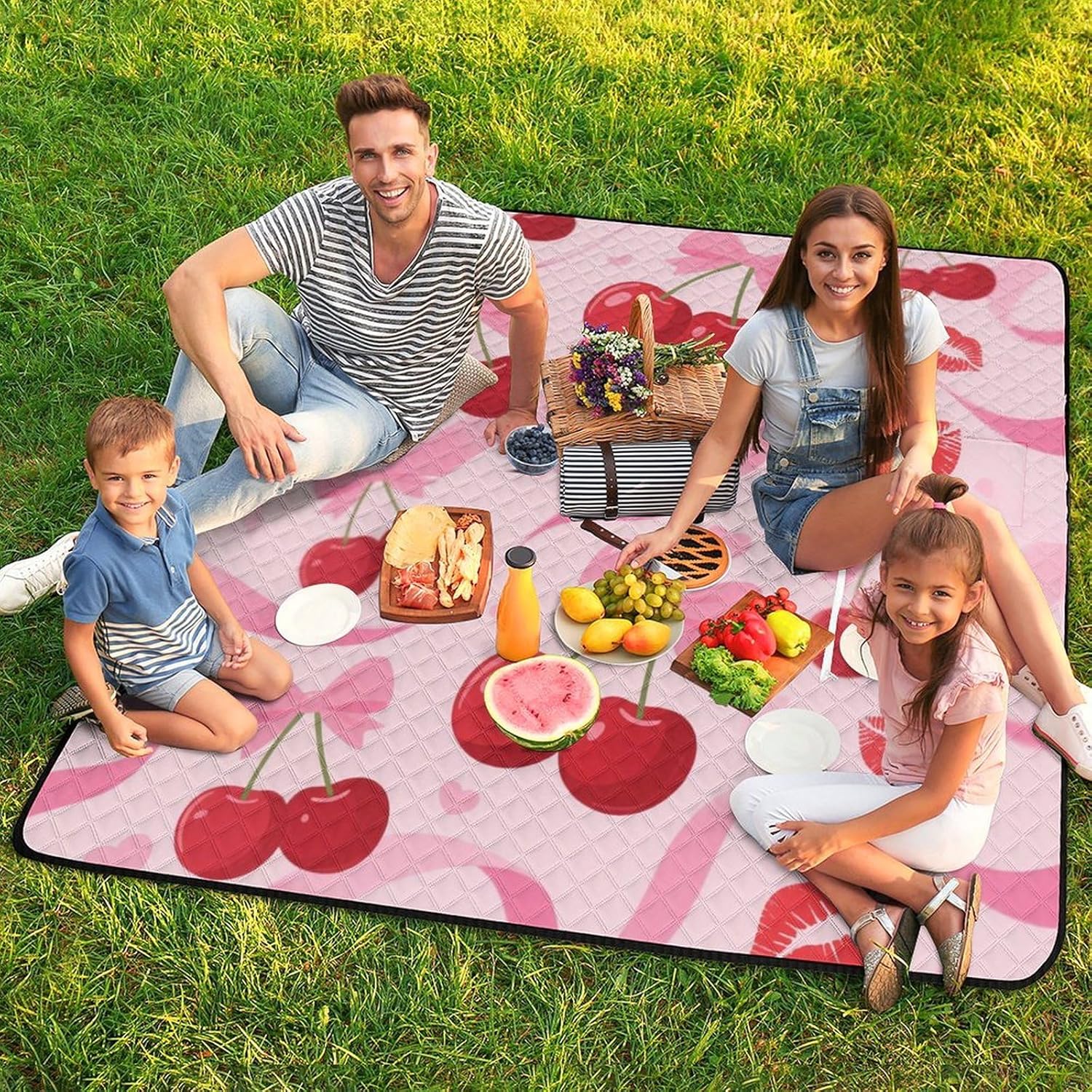 Cherry Pink Bow with Red Lips Picnic Blanket 200x200cm, Foldable 2-in-1 Picnic Mat and Tote Bag Portable Waterproof Beach Mat Sandproof Outdoor Blanket for Park, Hiking, Beach, Camping, Travel