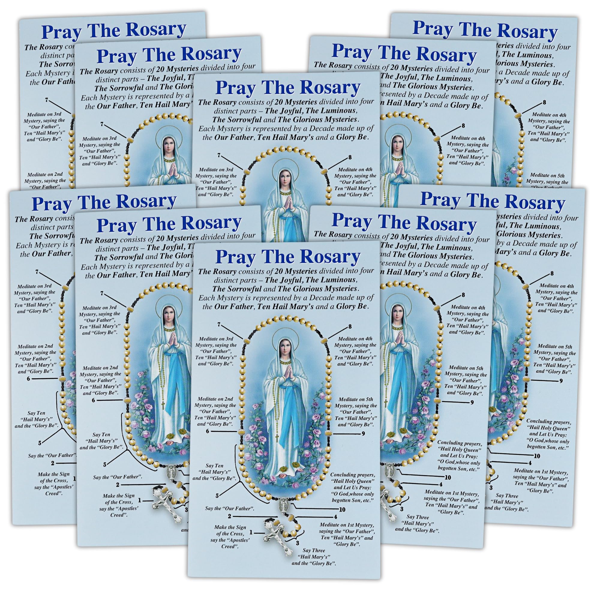 Needzo Pray The Rosary Pamphlets, Instructional Booklet for Beginners, Catholic Church Handouts, 6 1/4 x 14 Inches (Pack of 10)