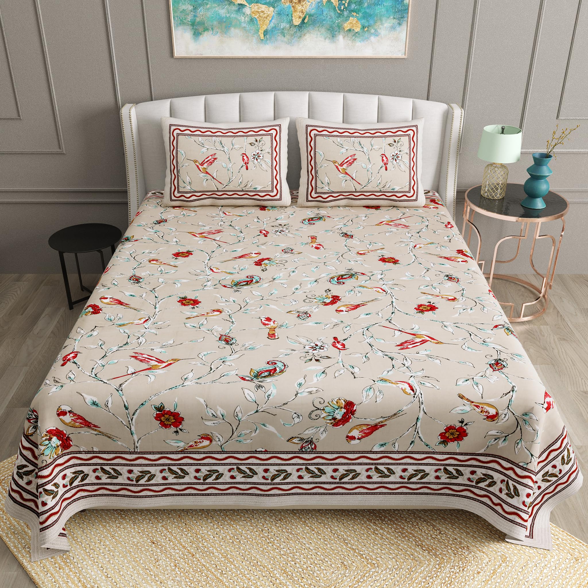 Double King Size Bedsheet Set Cotton with 2 Pillow Covers Birds Design Multi Colour - Ethnic Collection