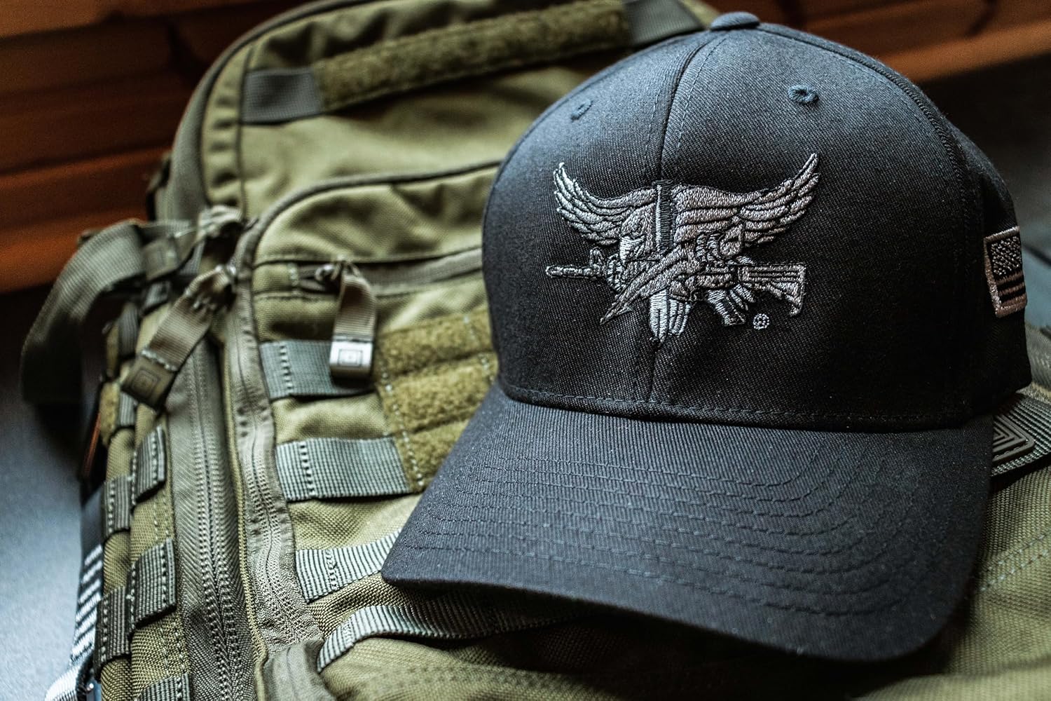 Baseball Hat with Silver SWAT Operator Insignia - Black S/M - Hat with a Premium Flexible Band