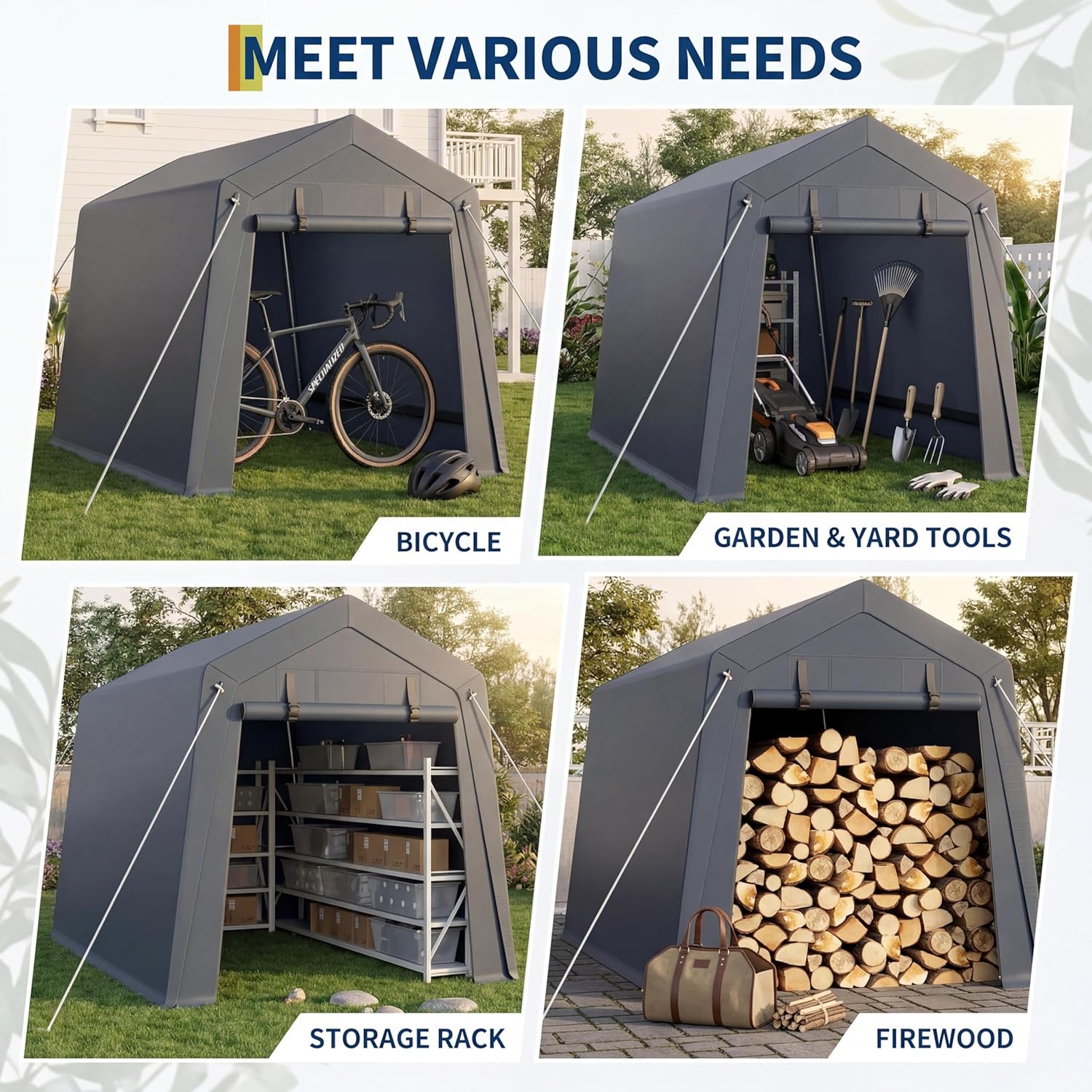 6x6FT Carport, Heavy Duty Motorcycle Shed with Waterproof PE Tarp, Portable Outdoor Storage Shed for Bikes and Firewood, All-Weather Car Shelter with Roll-Up Zipper Door, 6x6FT, Gray