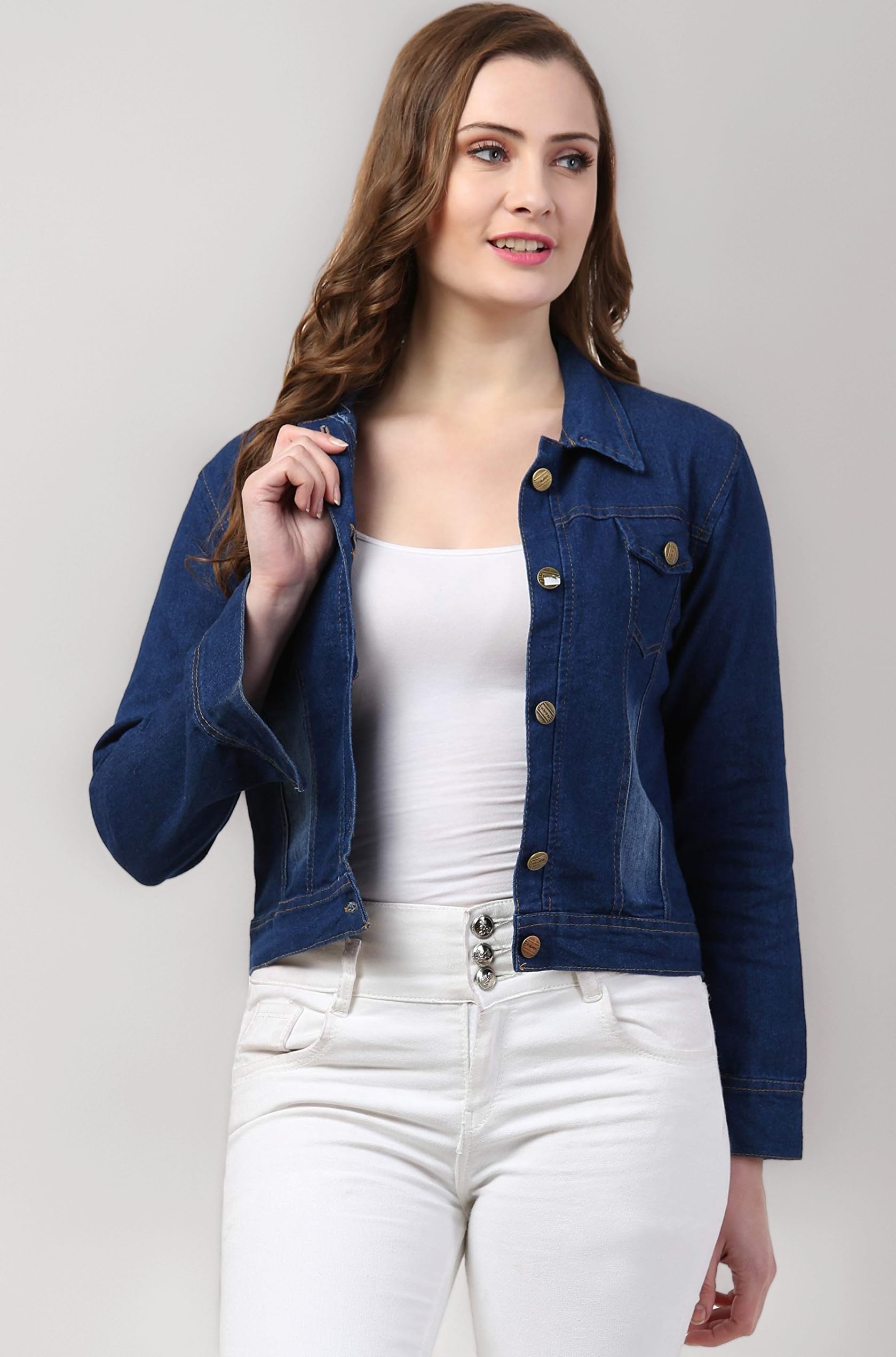 Womens Denim Standard Length Full Sleeve Solid Jacket