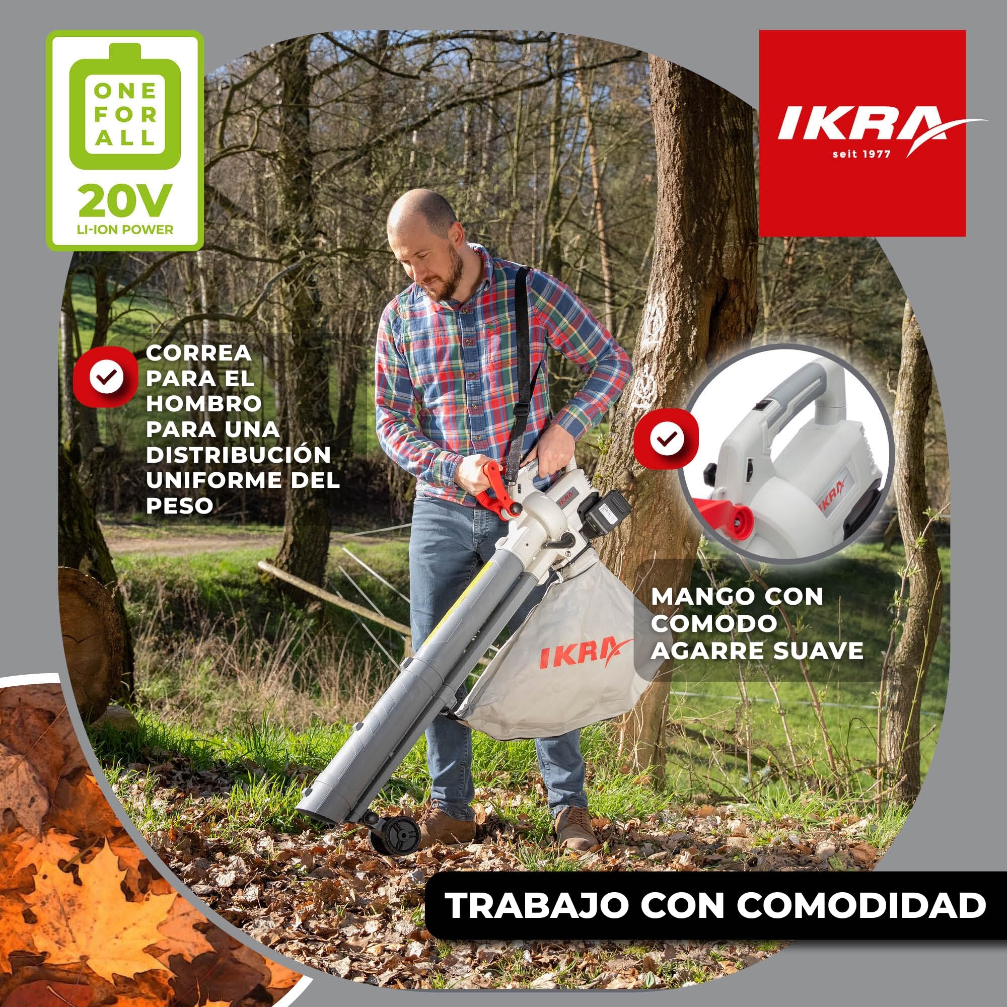 IKRA soplador de Hojas 3en1 IALS 2-20, Incluye 2 baterías de 20V y Cargador | Selector función de aspiración y soplado, hasta 210 km/h, incl. bolsa de 45 l y cinta de hombro, gama de baterías de 20V IKRA