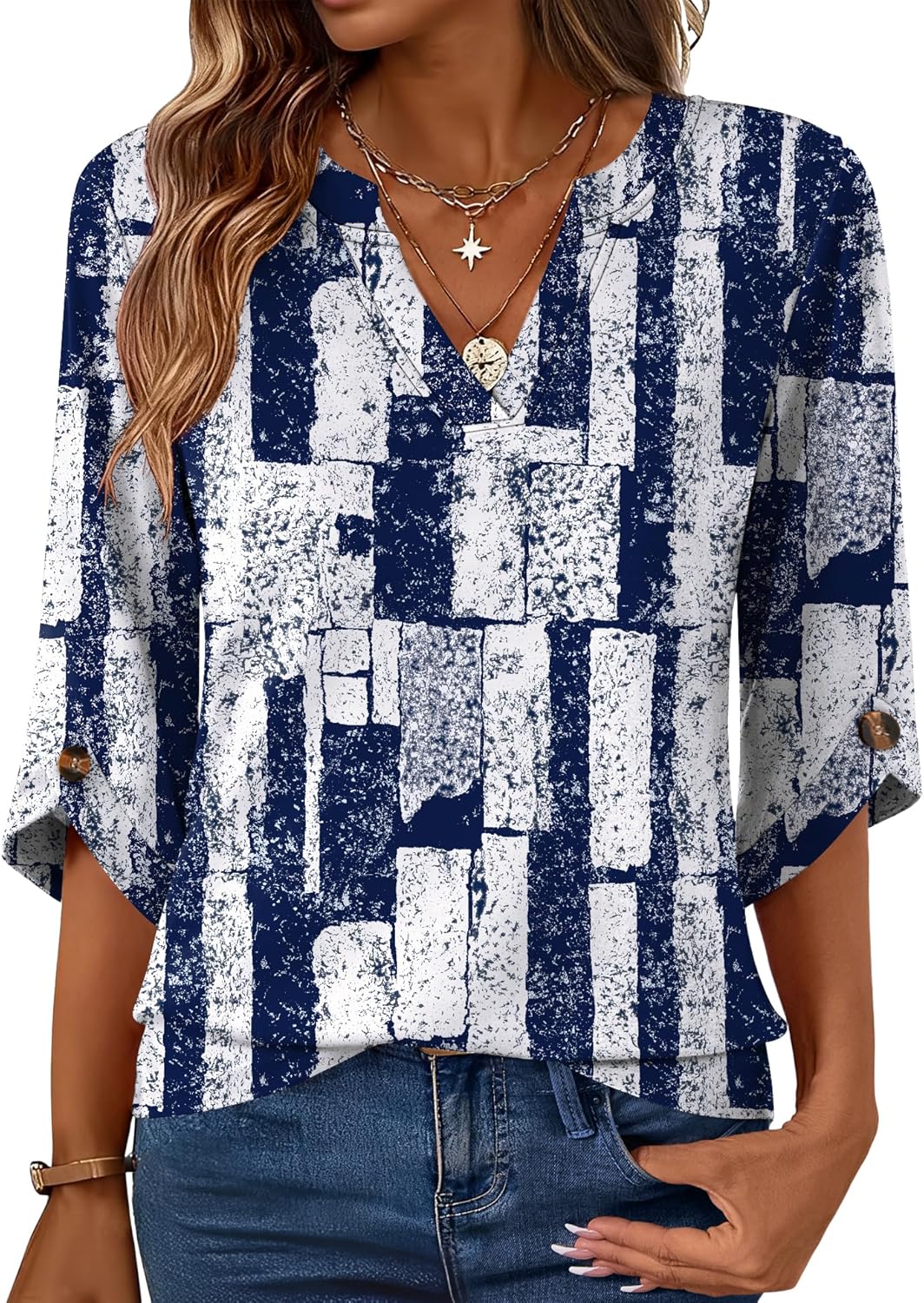 Kistore Womens 3/4 Length Sleeve Tunic Tops Casual V Neck Shirts Business Work Blouses Trendy Flowy Tees