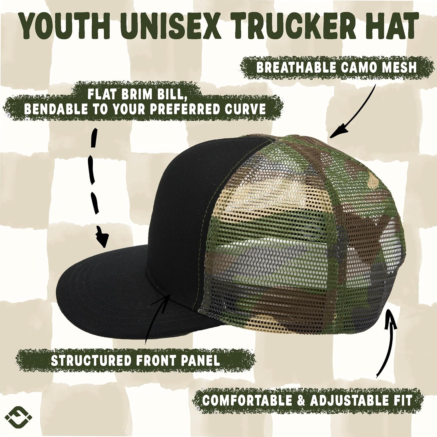 Funky Junque Kids Flat Brim Hat - Black w/Camo Mesh: Medium/Large