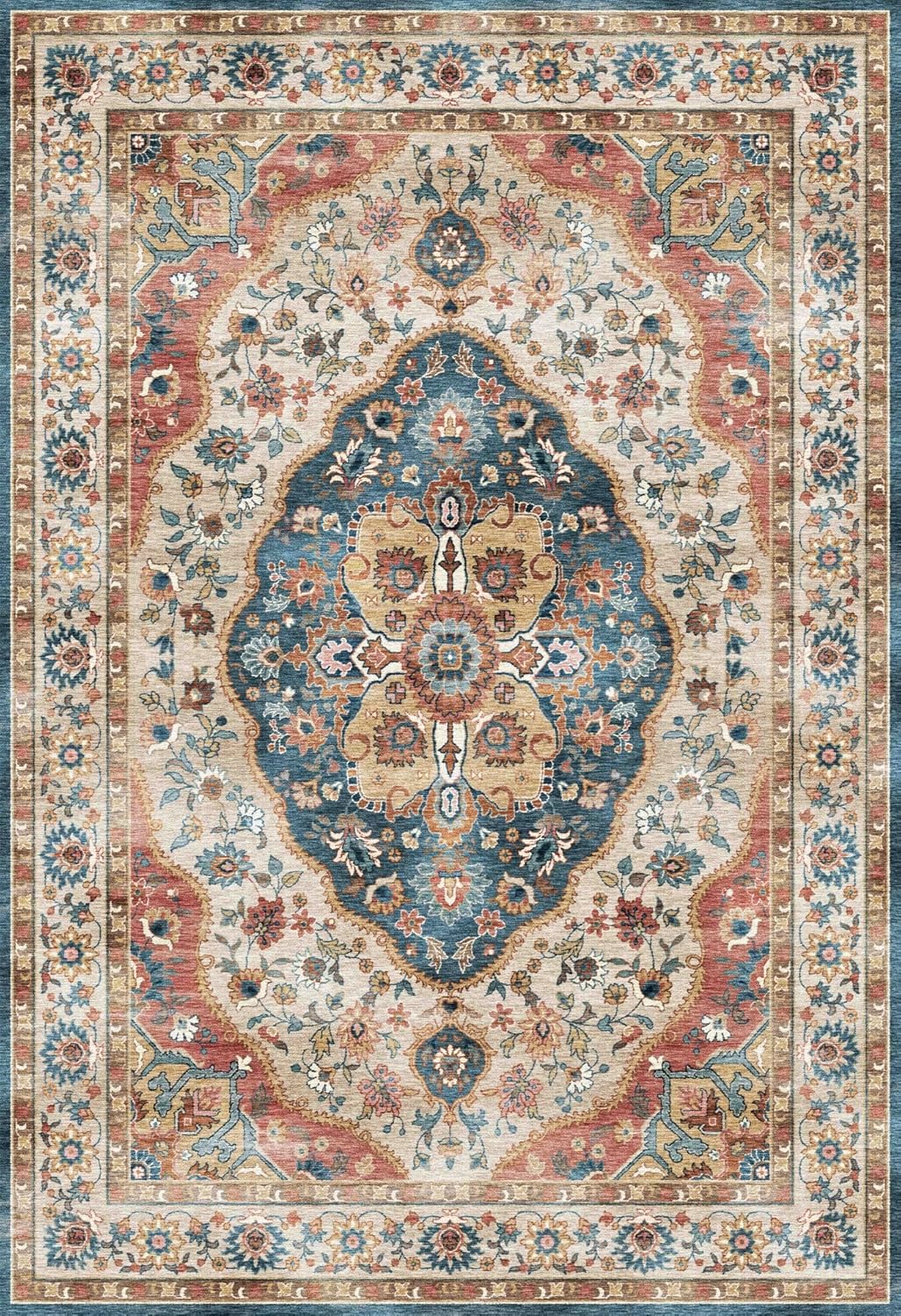 vivorug 9x12 Area Rugs for Living Room, Non Slip Machine Washable Vintage Beige Rug, Ultra-Thin Lightweight Large Area Rug for Bedroom, Dining Room, Low Pile